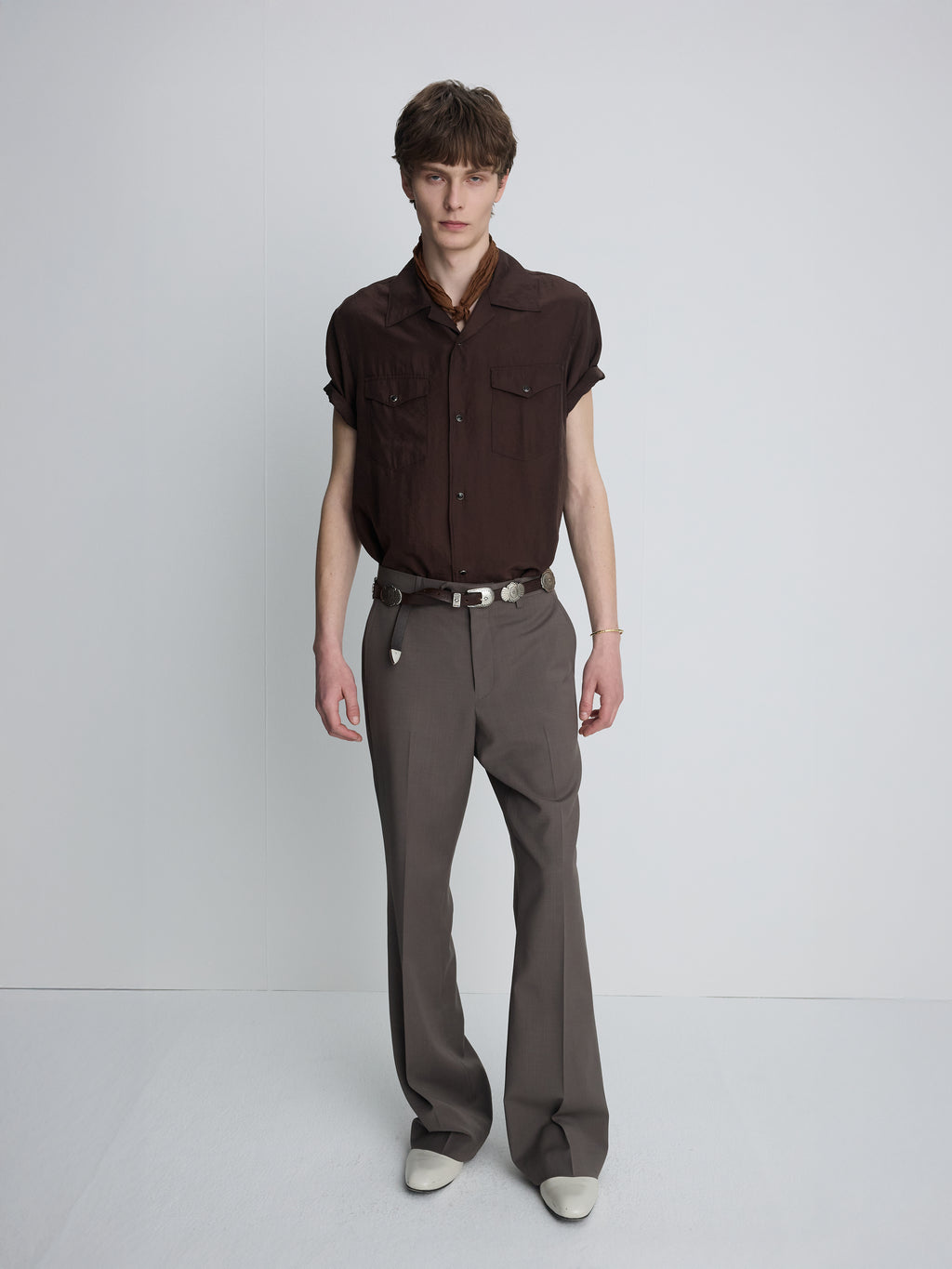 WASHED RAYON PEARL SNAP SHIRT_ BROWN