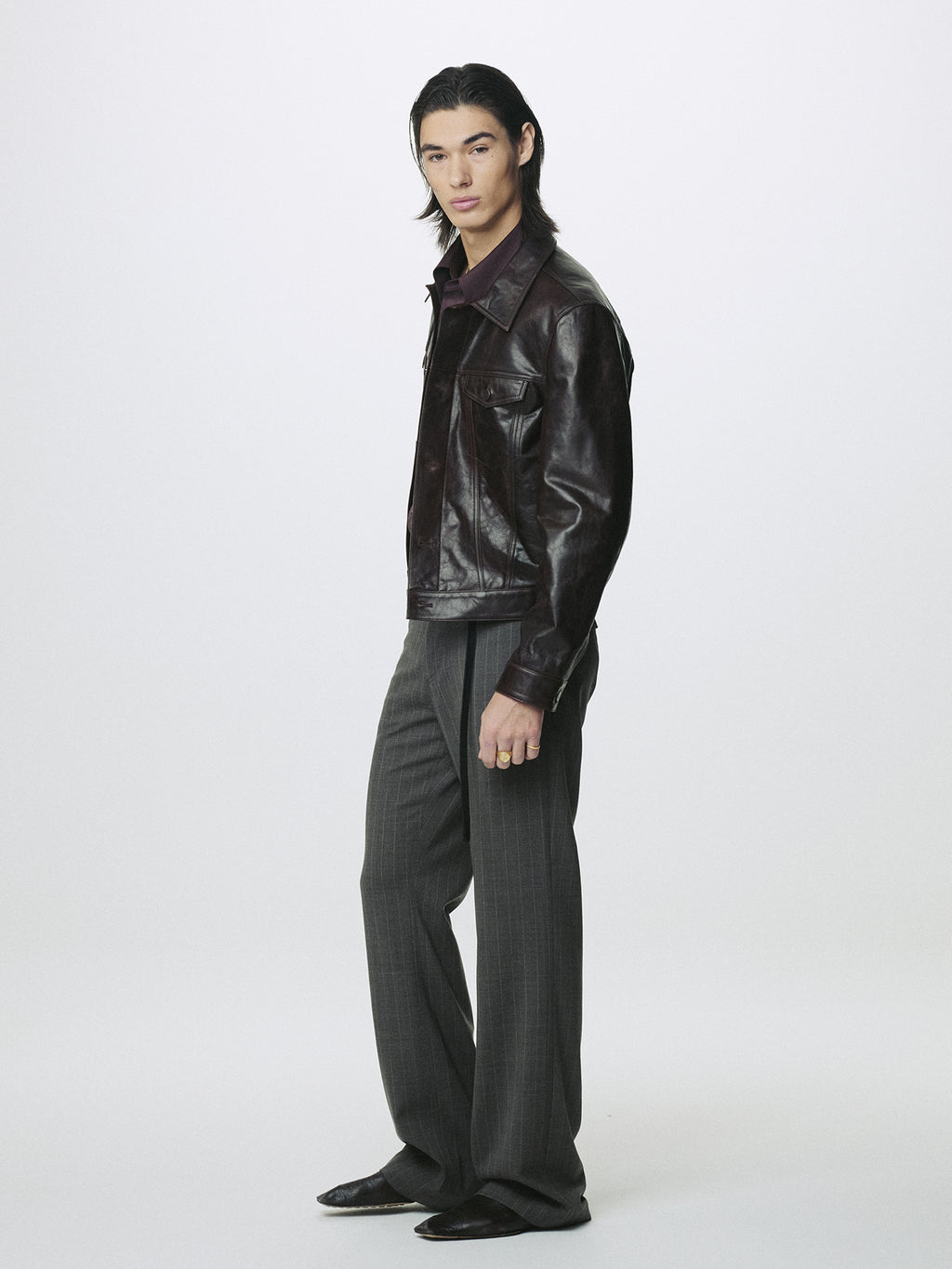 STRIPED WOOL FLARED-LEG PANTS_ TAUPE