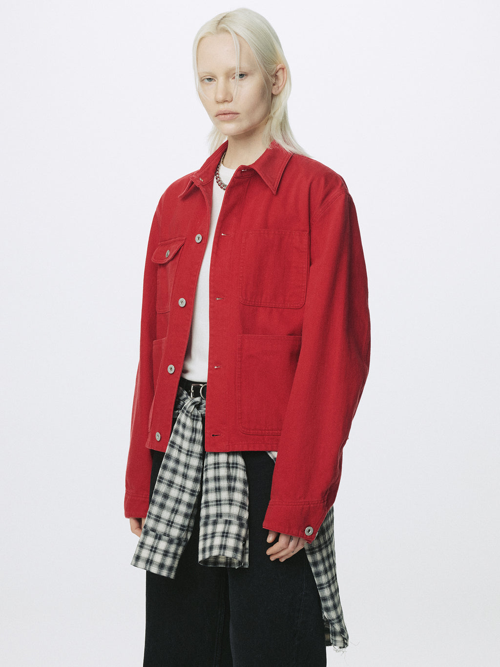 (W) SLUB COTTON CROPPED WORK JACKET_ RED