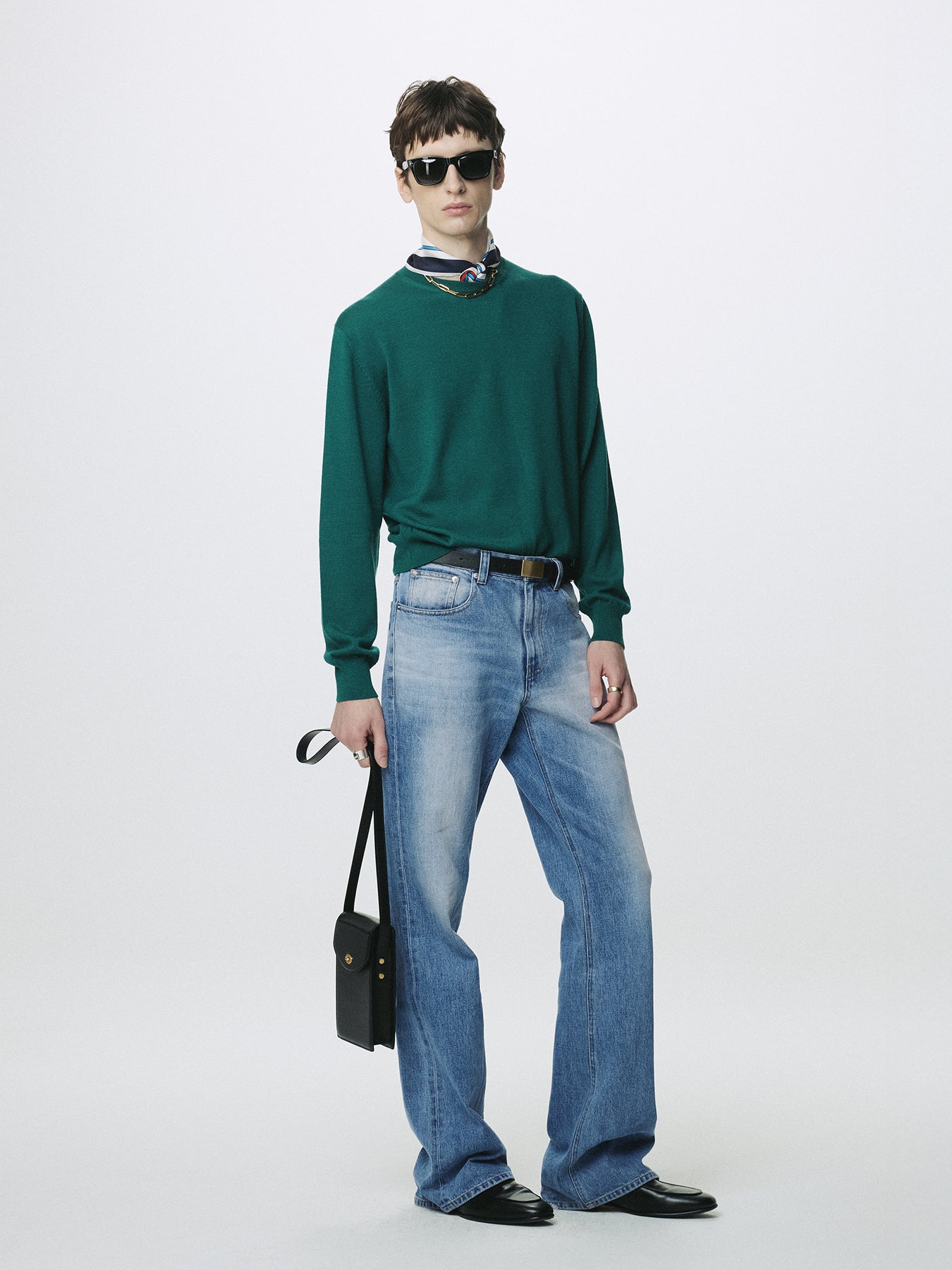 FLARED-LEG DISTRESSED DENIM JEANS_ FADED BLUE