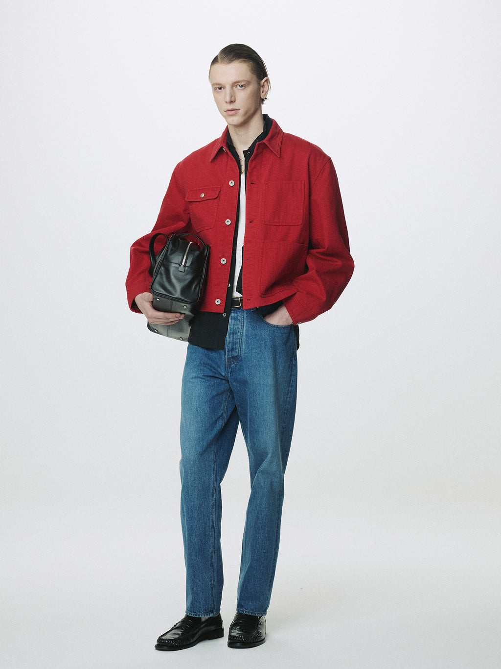 SLUB COTTON CROPPED WORK JACKET_ RED