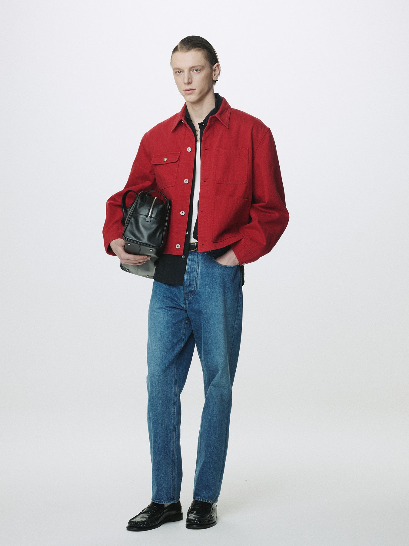 SLUB COTTON CROPPED WORK JACKET_ RED