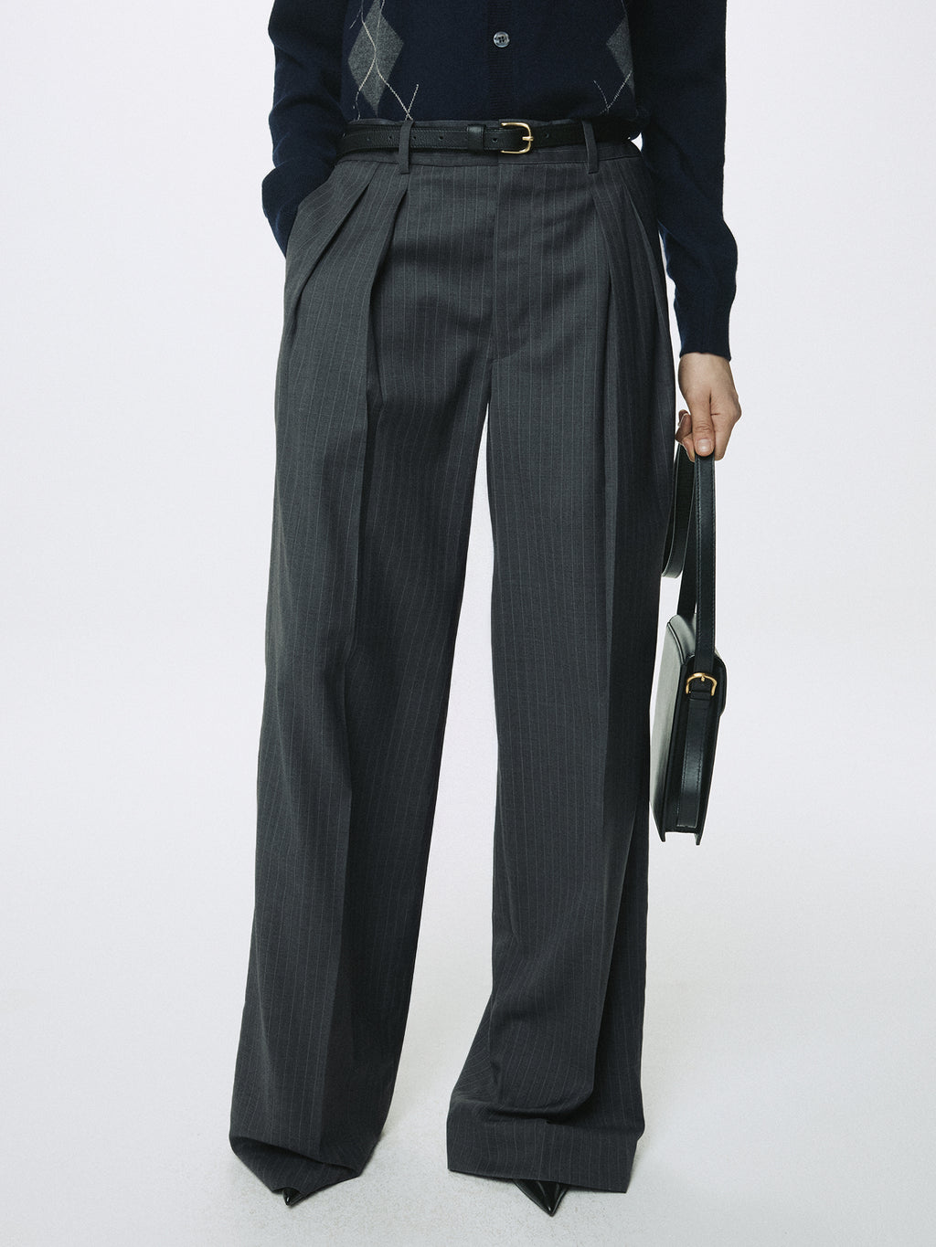 (W) STRIPED WOOL DOUBLE-PLEATED WIDE TROUSERS_ GREY STRIPE