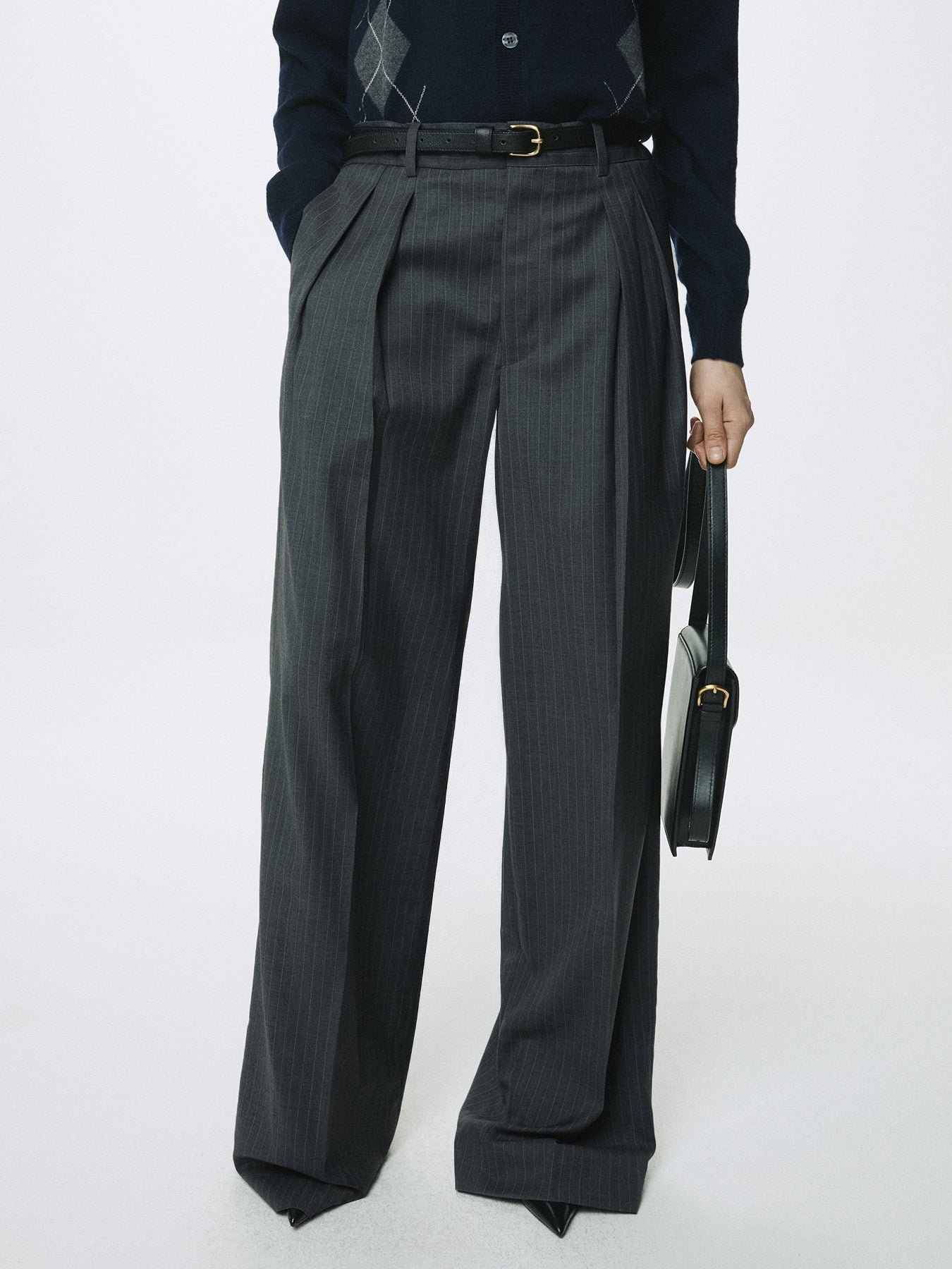 (W) STRIPED WOOL DOUBLE-PLEATED WIDE TROUSERS_ GREY STRIPE