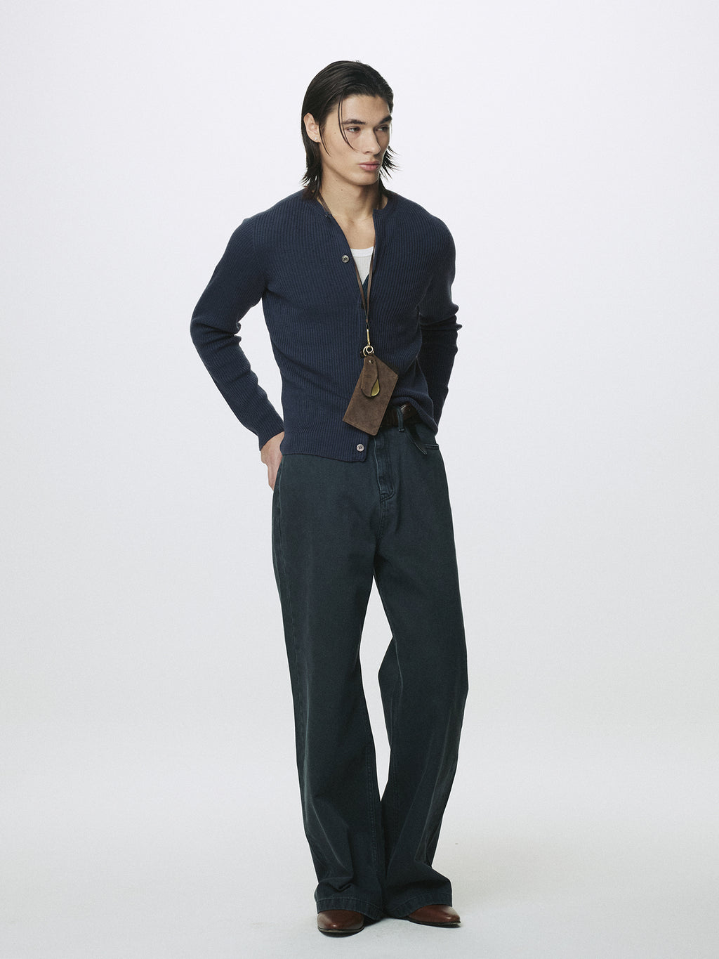 SUPER FINE MERINO WOOL RIBBED CARDIGAN_ SLATE NAVY