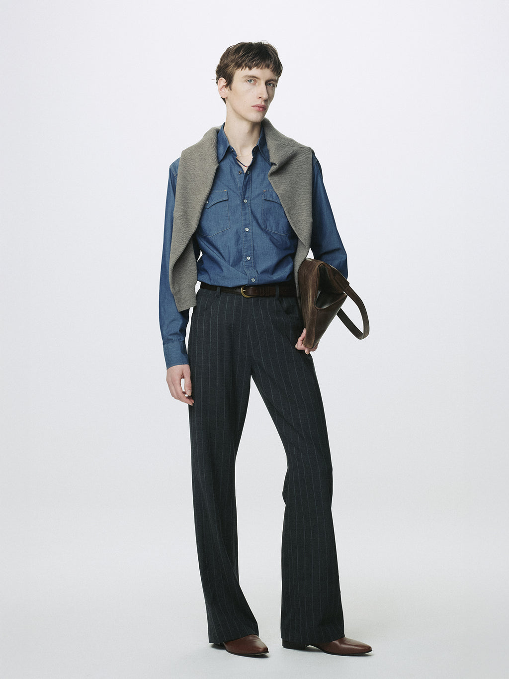STRIPED WOOL FLARED-LEG PANTS_ GREY