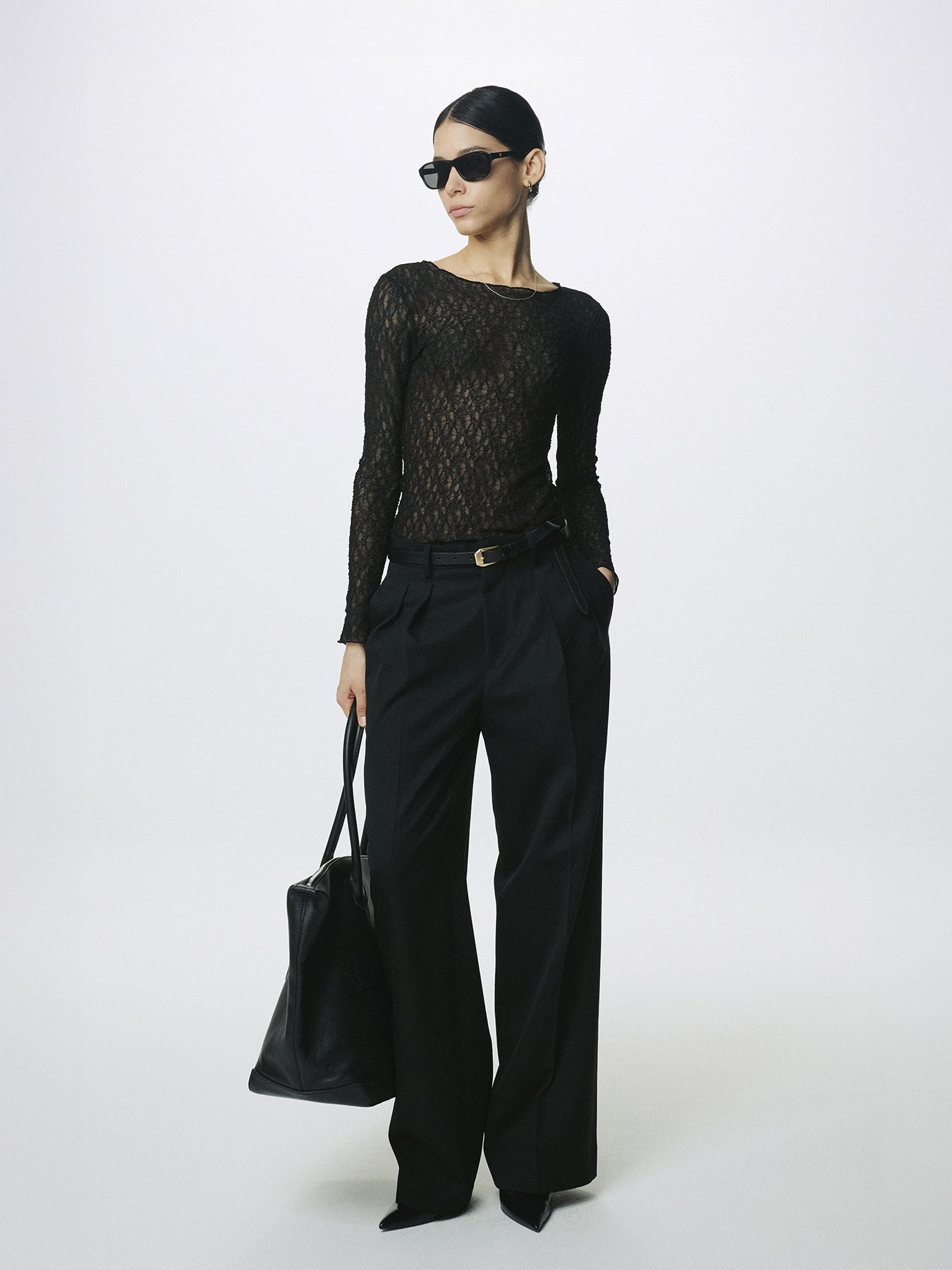 (W) WOOL DOUBLE-PLEATED WIDE TROUSERS_ BLACK