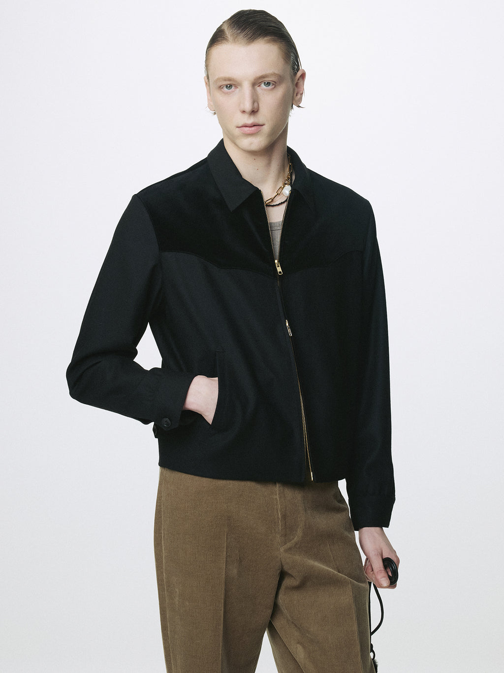 WOOL VELVET TRIMMED BLOUSON JACKET_ BLACK