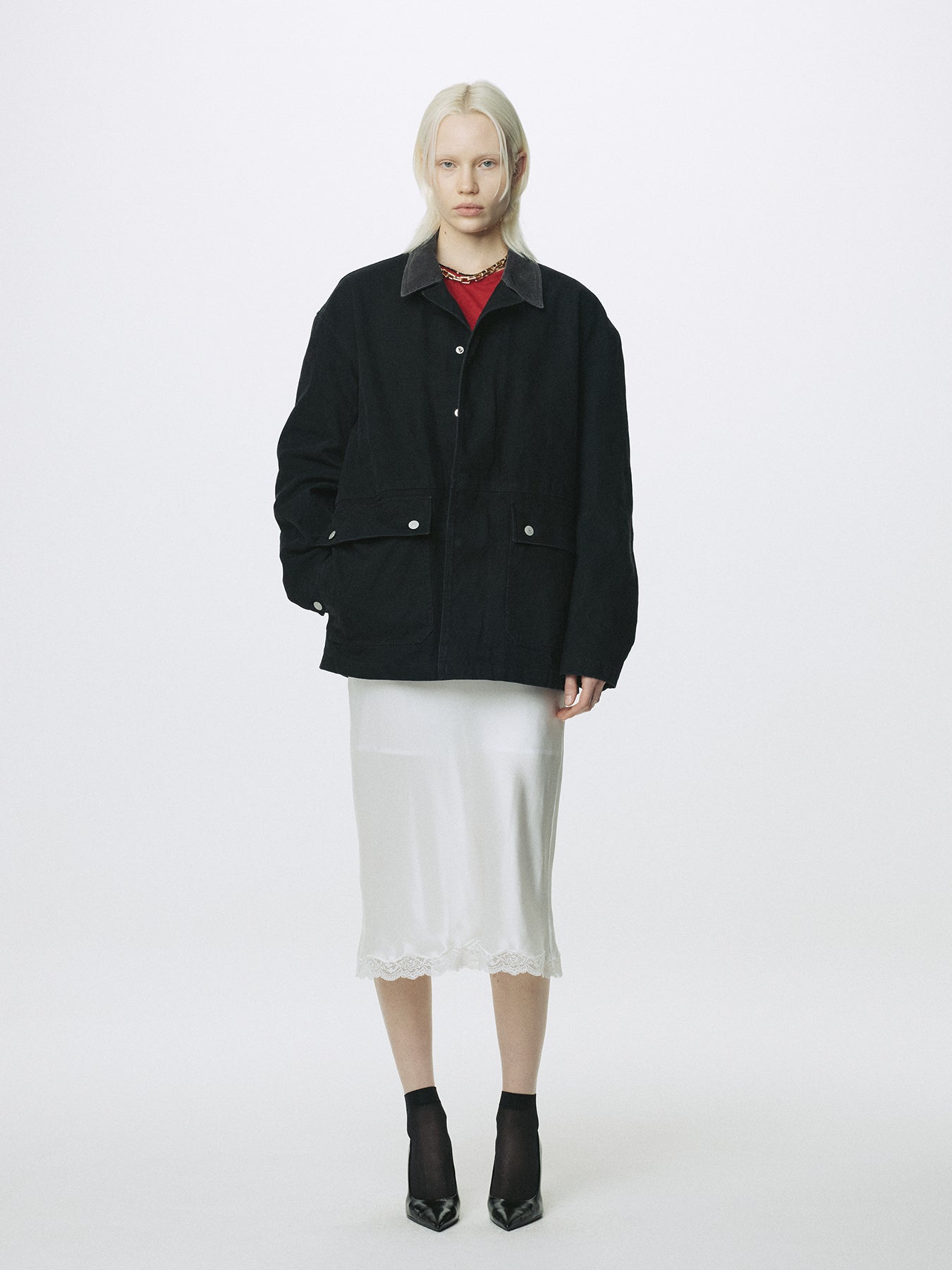 (W) SILK MIDI SKIRT_ OFF WHITE