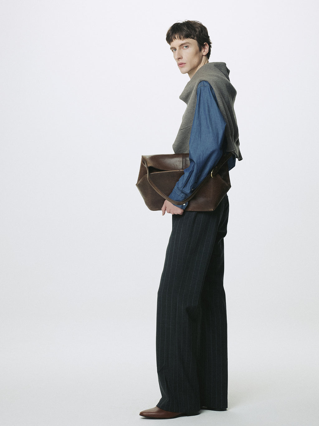 STRIPED WOOL FLARED-LEG PANTS_ GREY