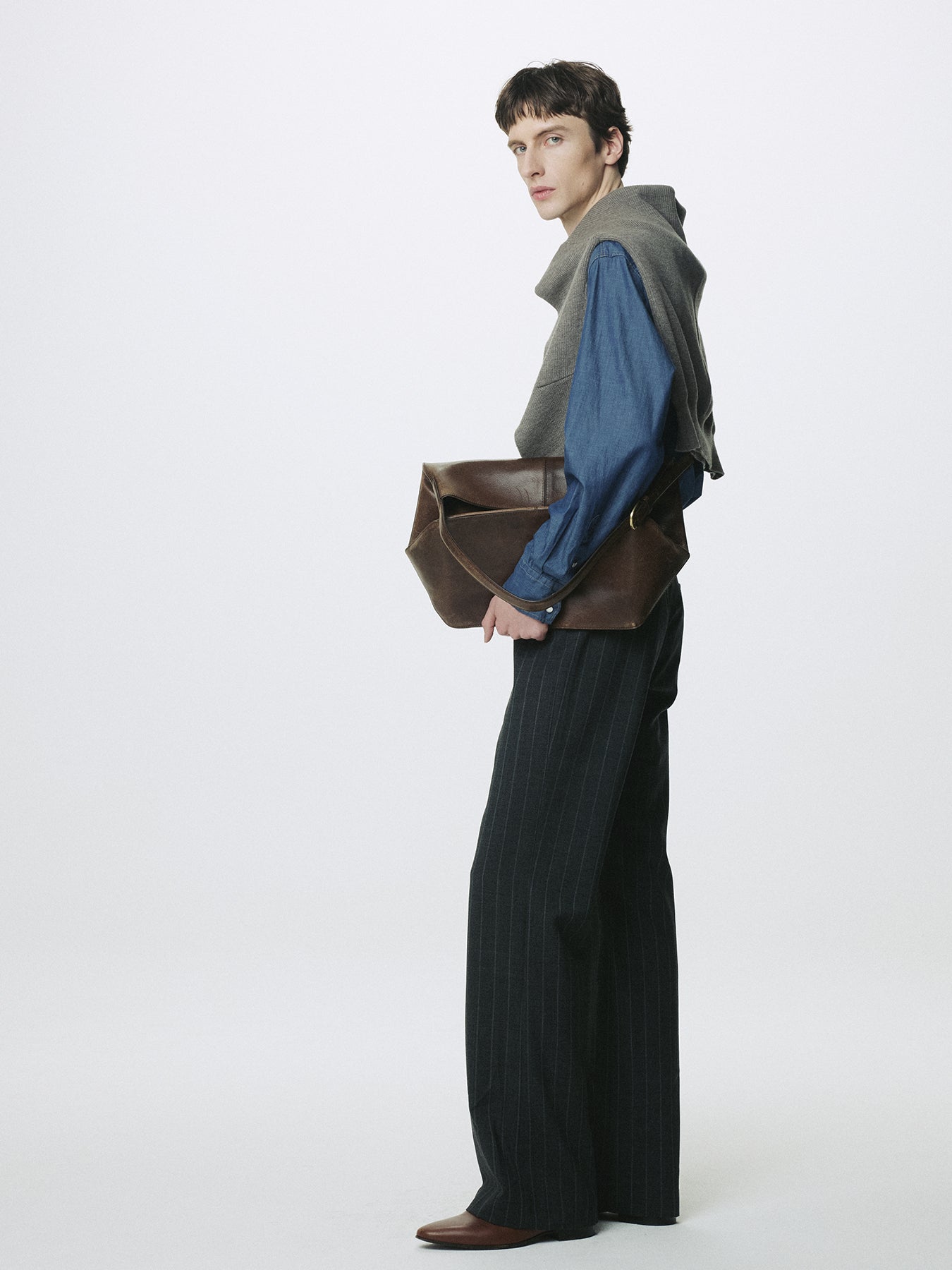 STRIPED WOOL FLARED-LEG PANTS_ GREY