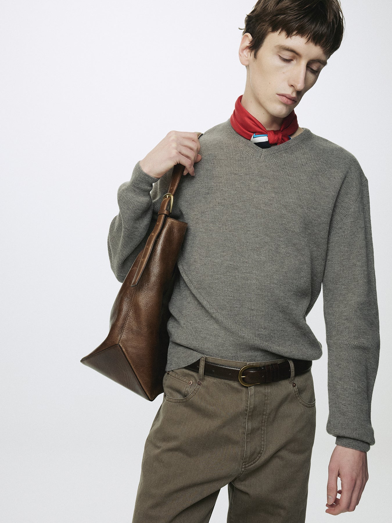 SUPER FINE WOOL COMMANDO V-NECK KNIT_ TAUPE MELANGE