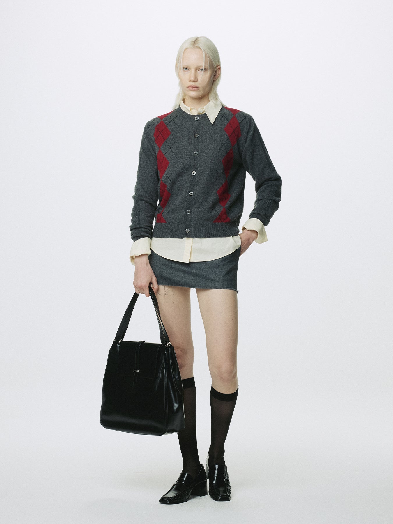 (W) MERINO WOOL ARGYLE CARDIGAN_ GREY/RED