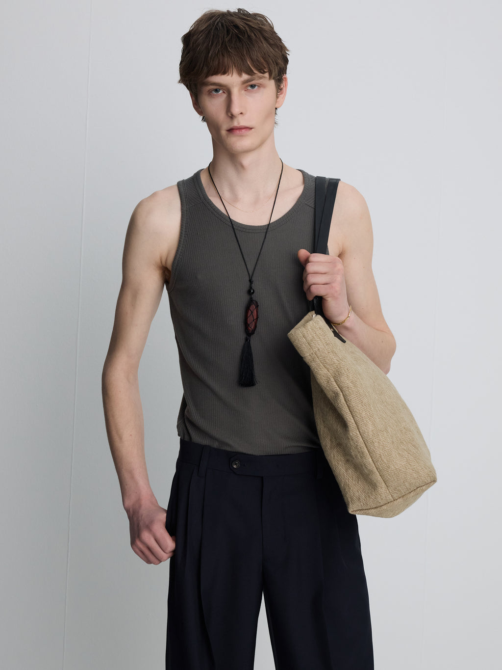 SILK LYOCELL RIB TANK TOP (JAPANESE FABRIC)_ OLIVE CHARCOAL