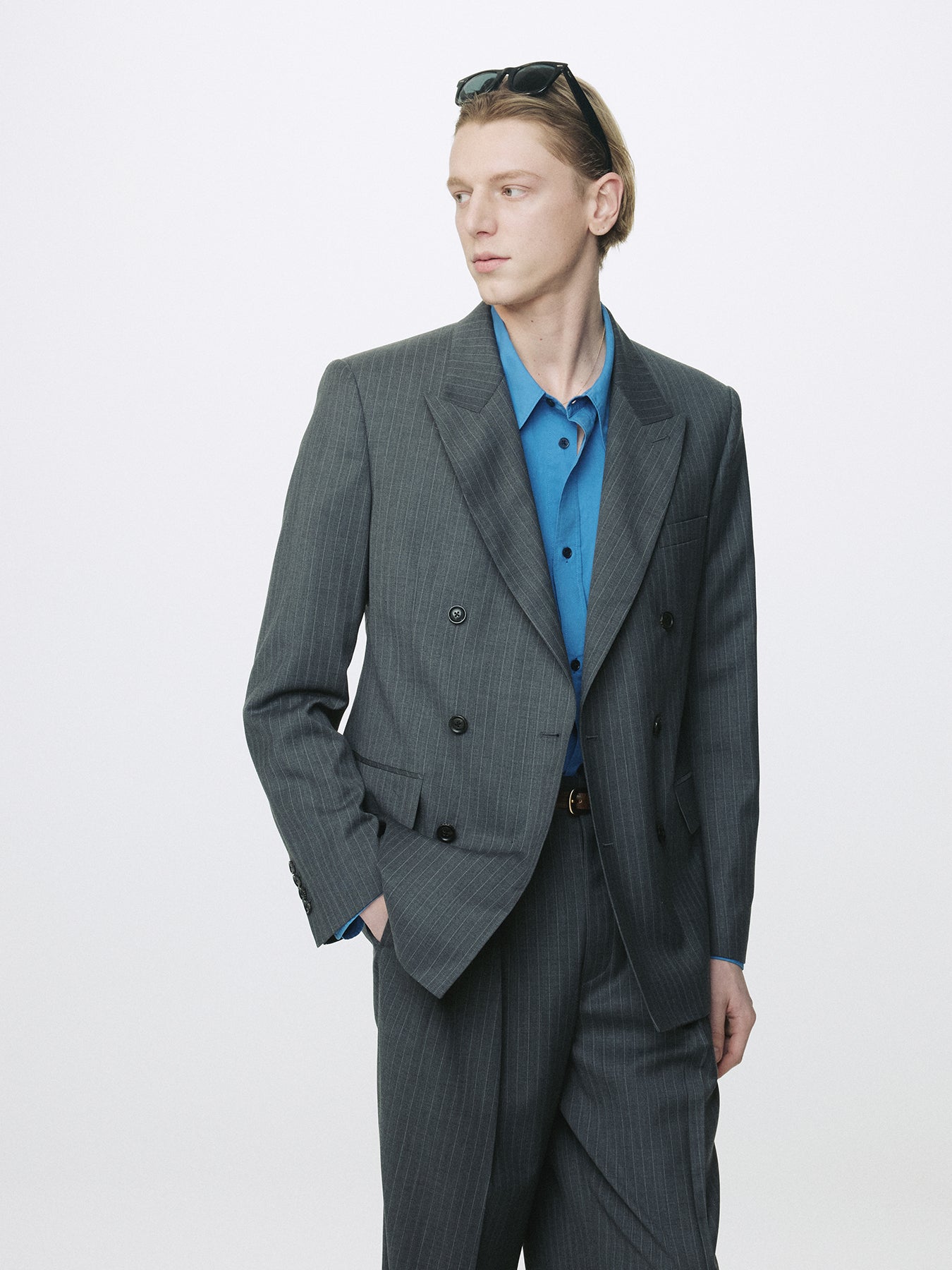 STRIPED WOOL DOUBLE-BREASTED TAILORED JACKET_ GREY STRIPE