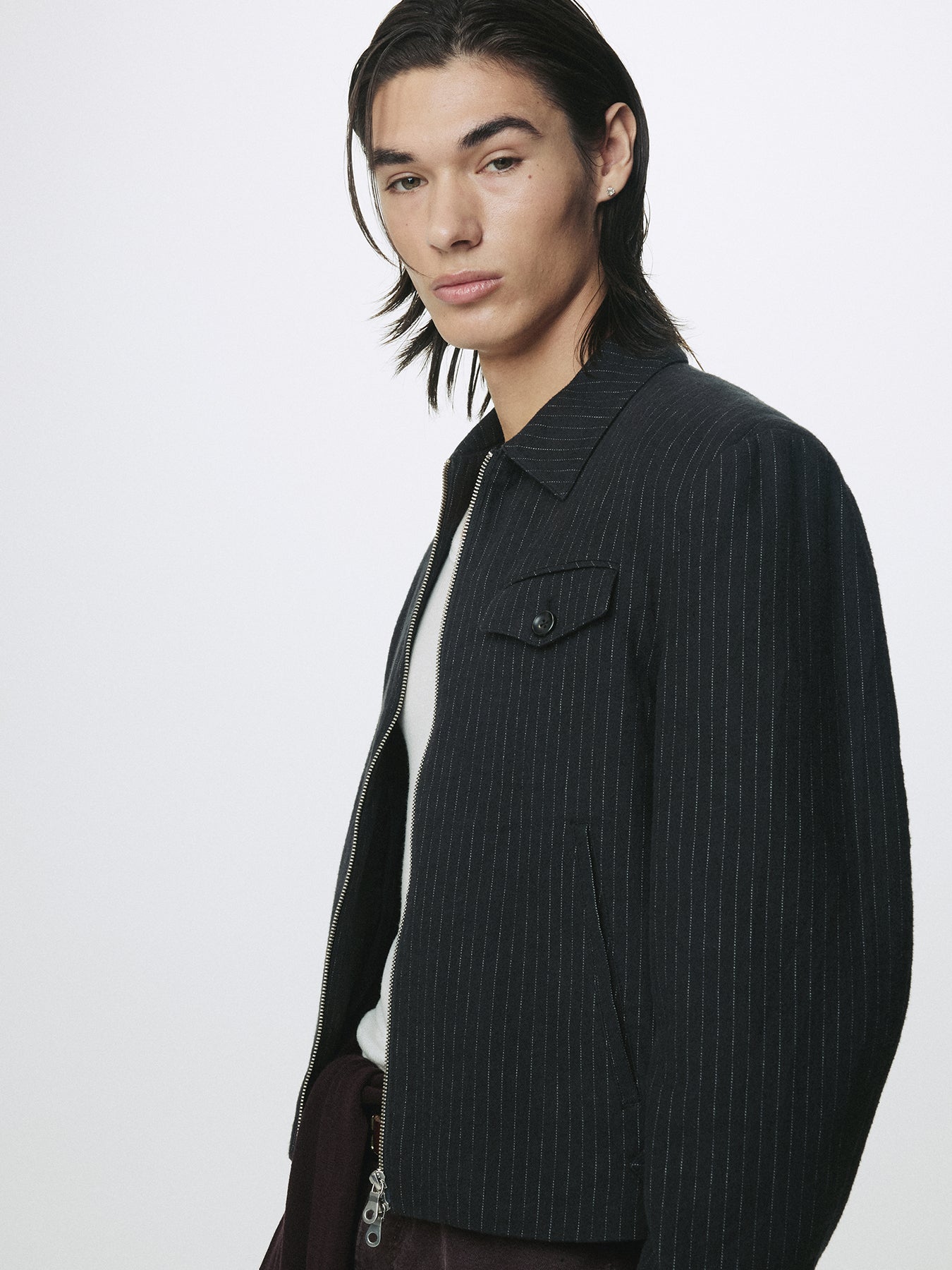 WASHED STRIPED WOOL COTTON BLOUSON_ WASHED  BLACK