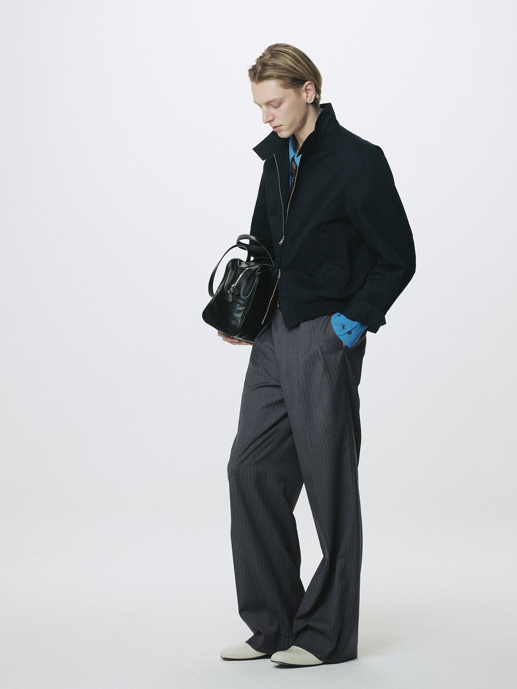 STRIPED WOOL DOUBLE-PLEATED WIDE TROUSERS_ GREY STRIPE