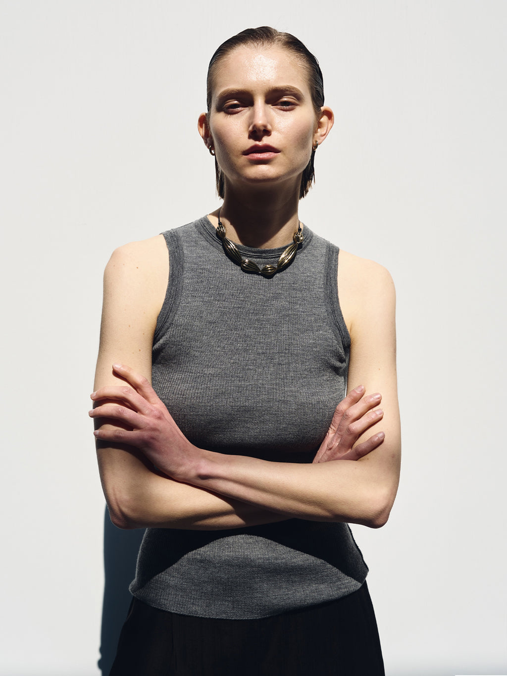 (W) WOOL CASHMERE RIBBED TANK TOP_ DARK GREY