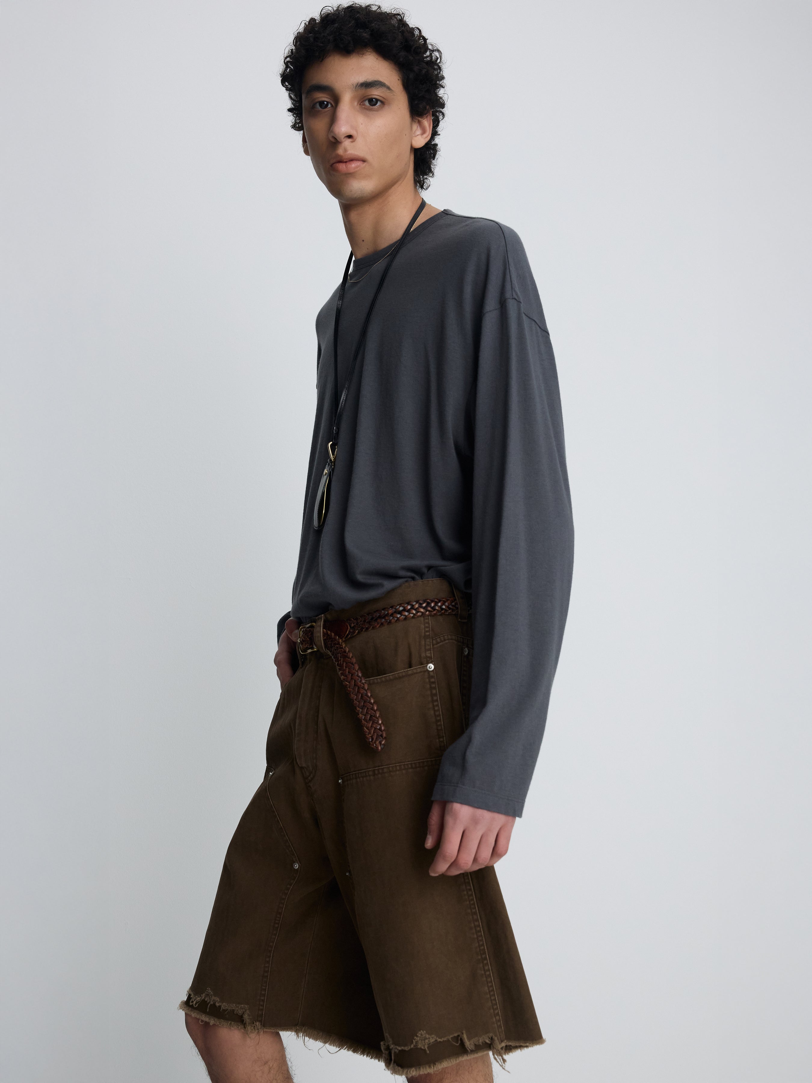 HAND DISTRESSED HBT DOUBLE KNEE SHORTS_ FADED BROWN