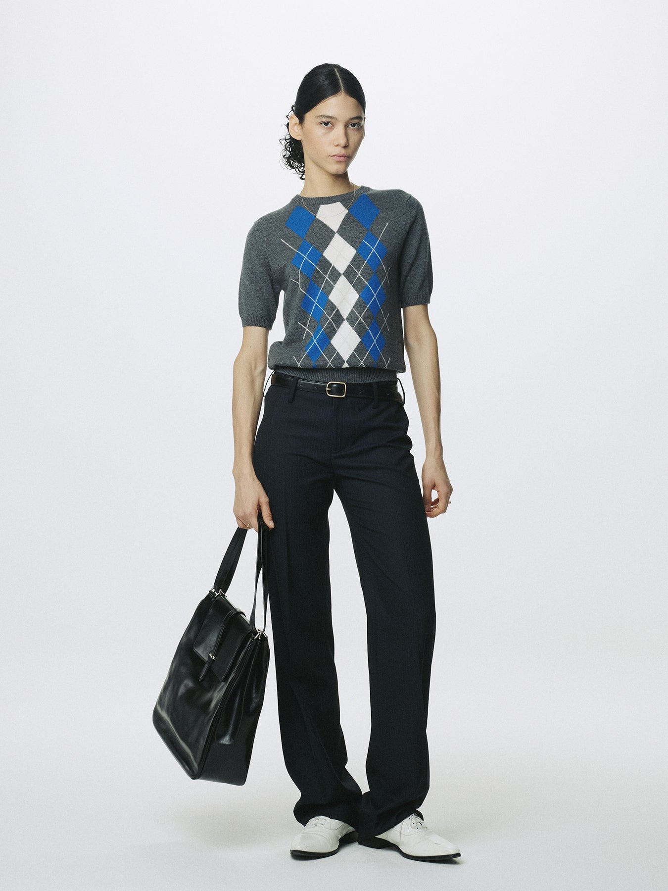 (W) SUPERFINE WOOL ARGYLE CREW NECK SWEATER_ GREY COBALT