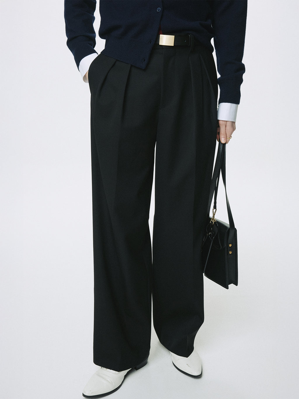(W) WOOL DOUBLE-PLEATED WIDE TROUSERS_ BLACK