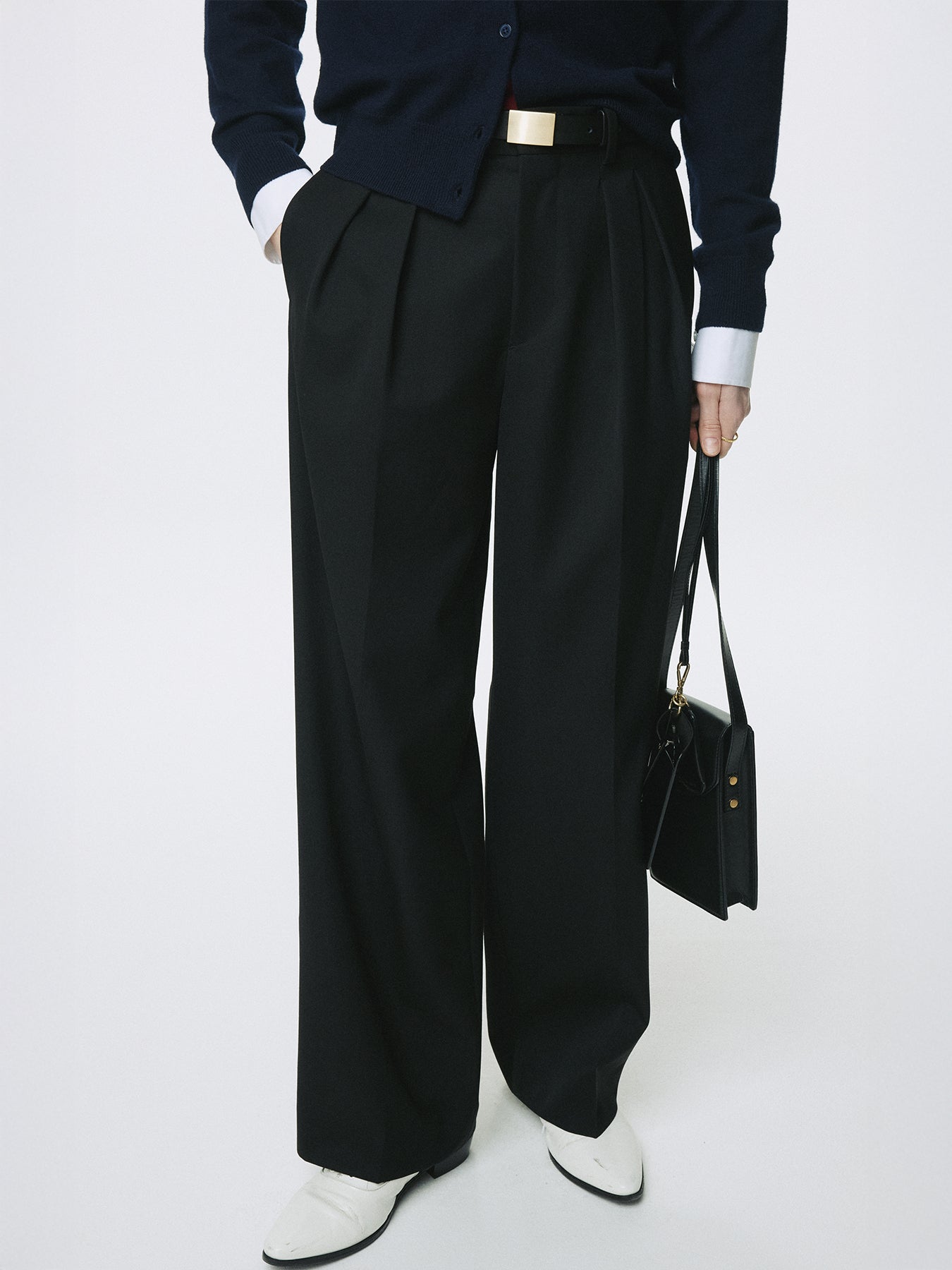 (W) WOOL DOUBLE-PLEATED WIDE TROUSERS_ BLACK