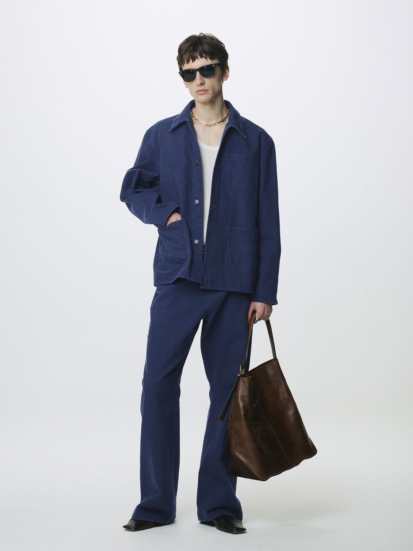 WASHED COTTON TWILL LOOSE FLARED JEANS_ PURPLE BLUE