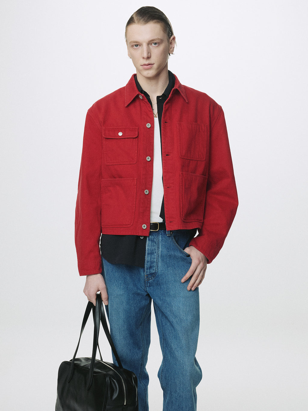 SLUB COTTON CROPPED WORK JACKET_ RED
