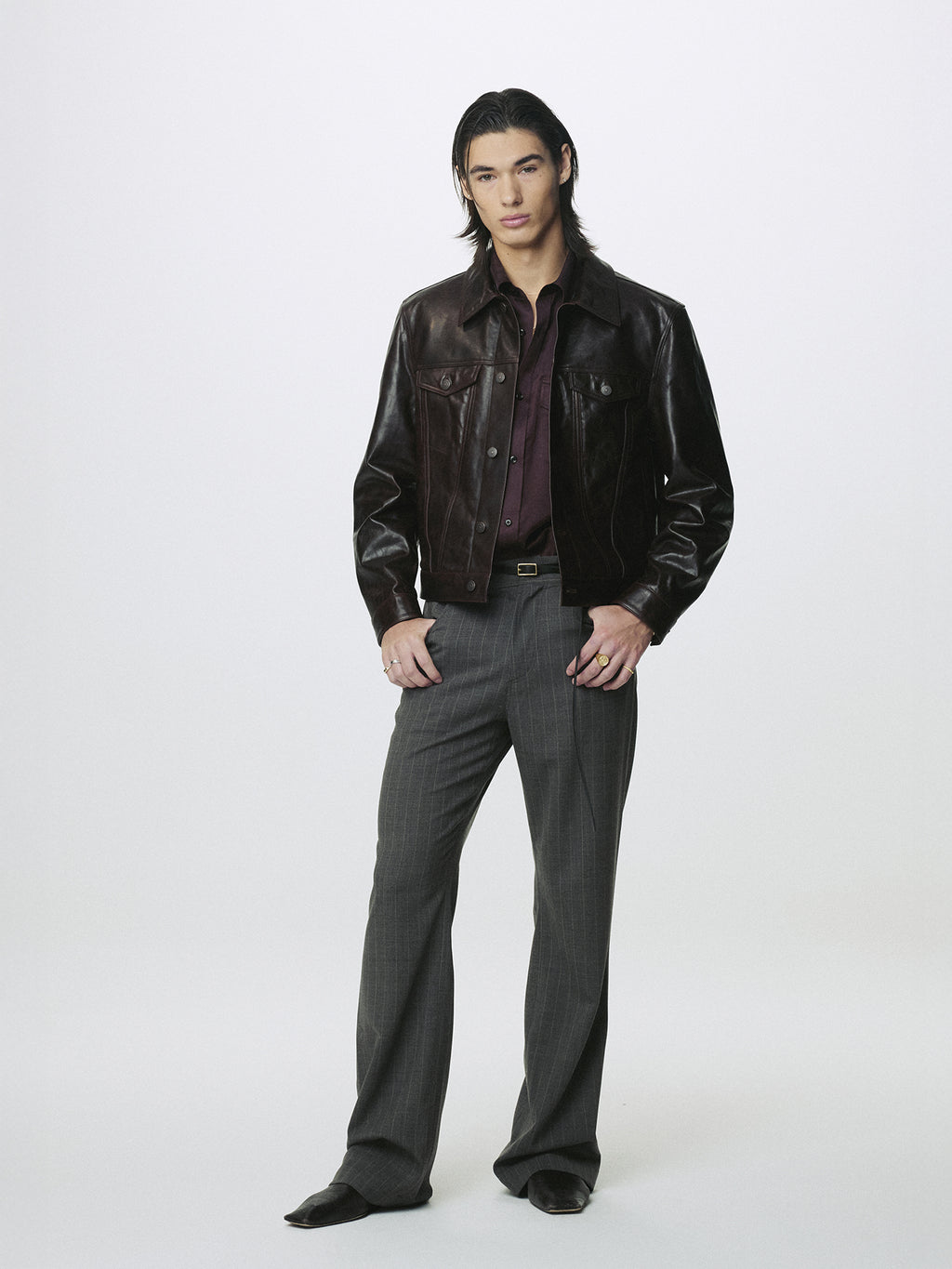 STRIPED WOOL FLARED-LEG PANTS_ TAUPE