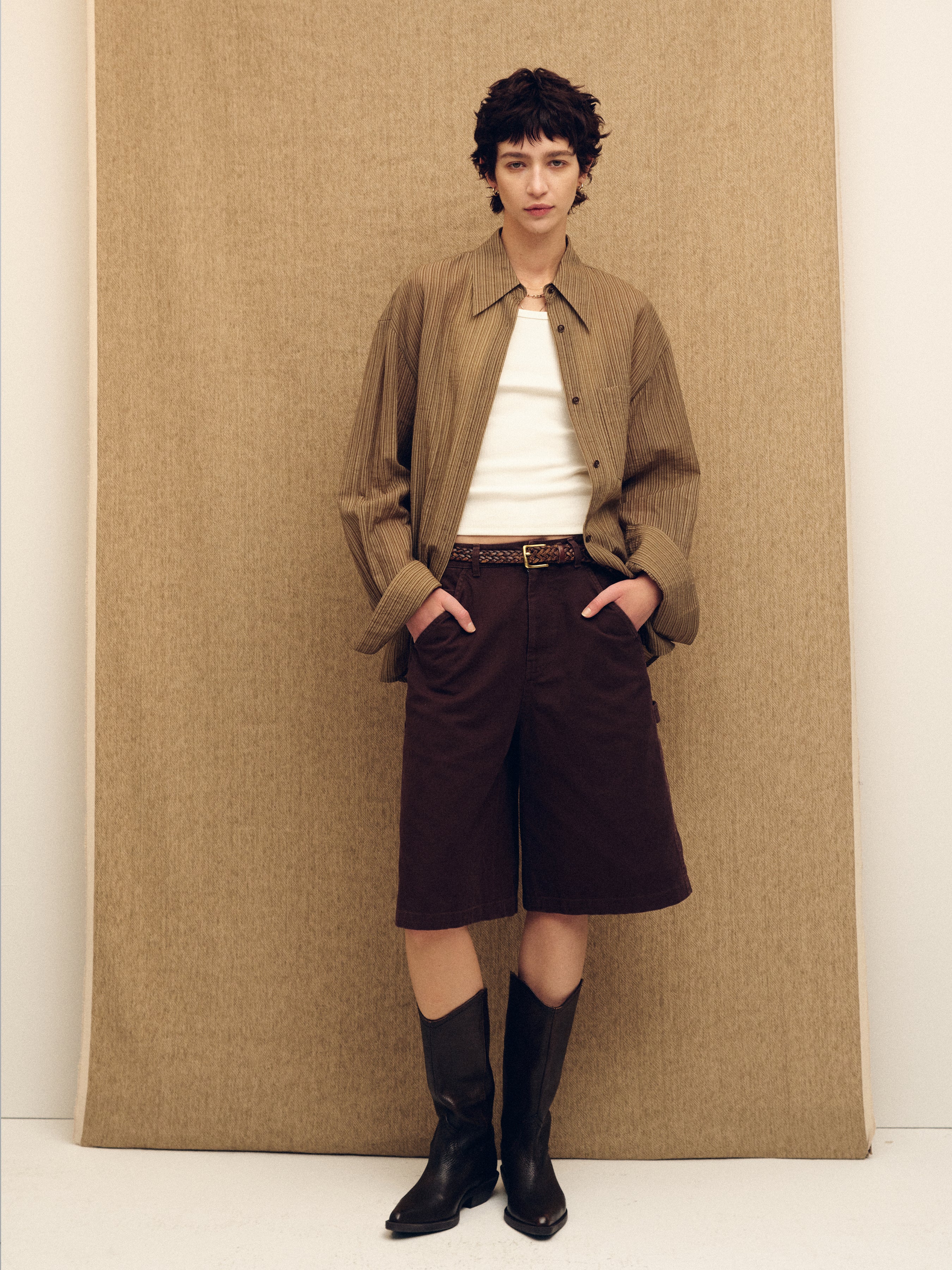 (W) LYOCELL OVERSIZED STRIPE SHIRT_ OLIVE STRIPE