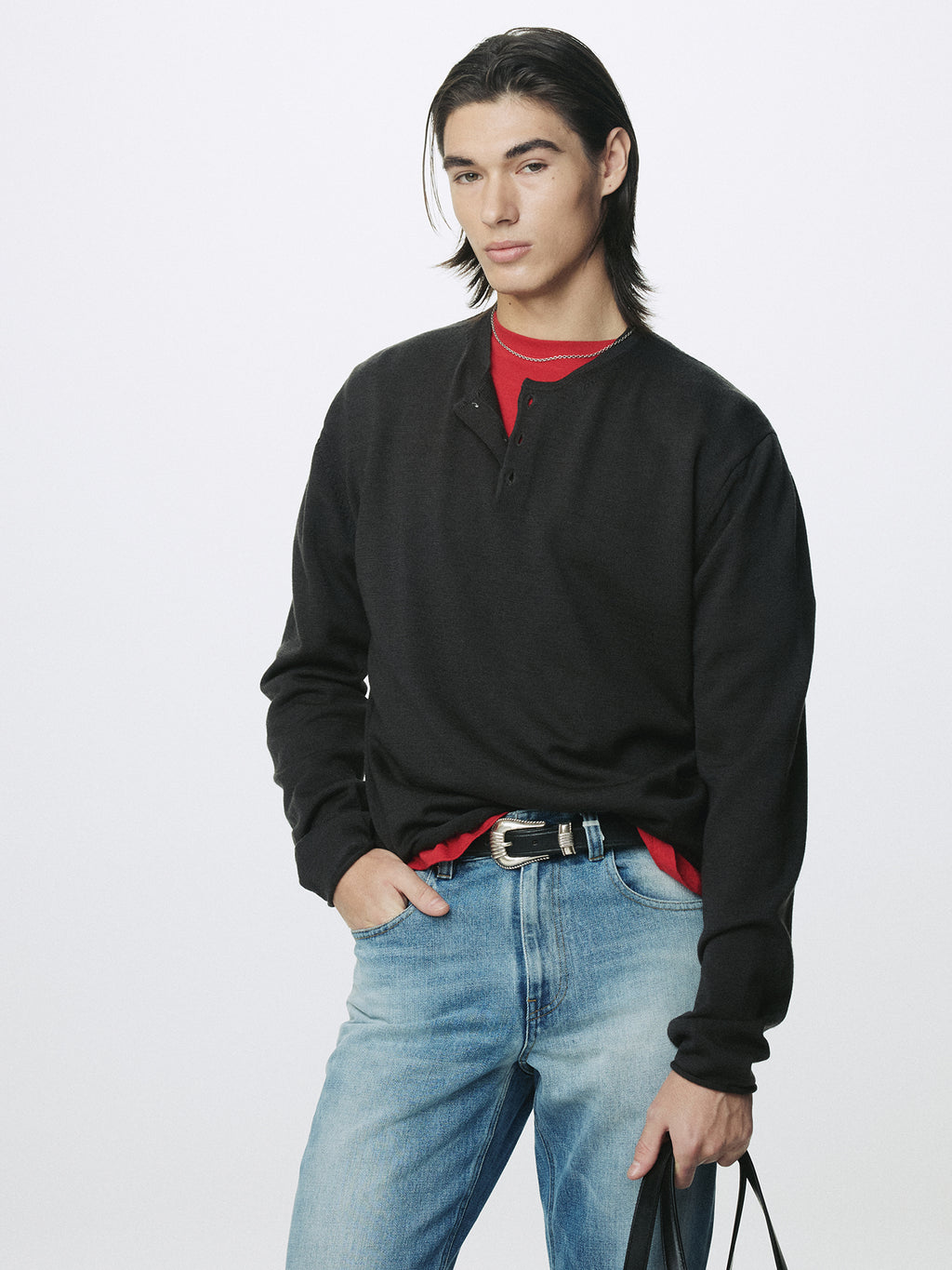 EXTRA FINE WOOL RAW HEM HENLEY NECK KNIT_ ANTHRACITE