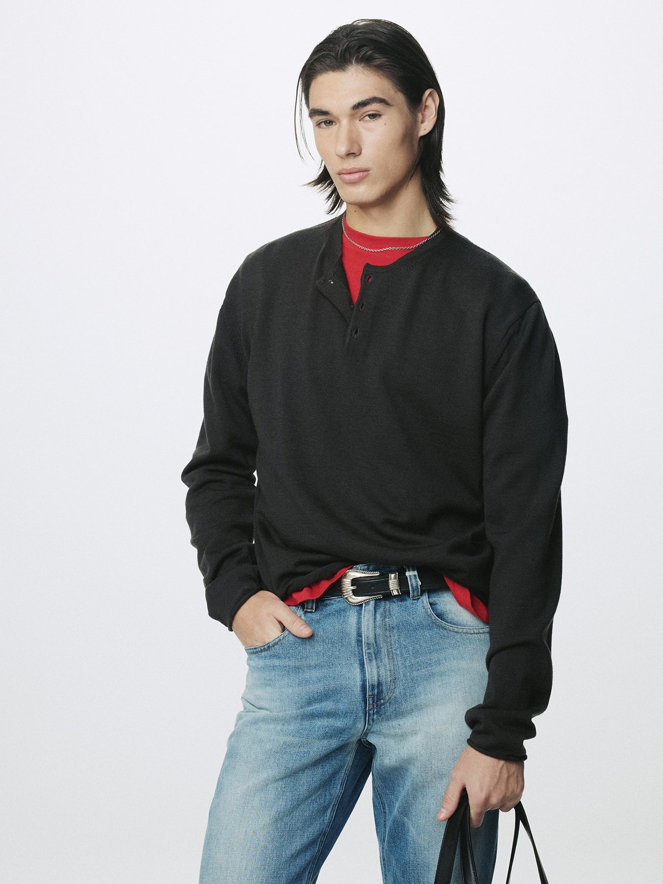 EXTRA FINE WOOL RAW HEM HENLEY NECK KNIT_ ANTHRACITE