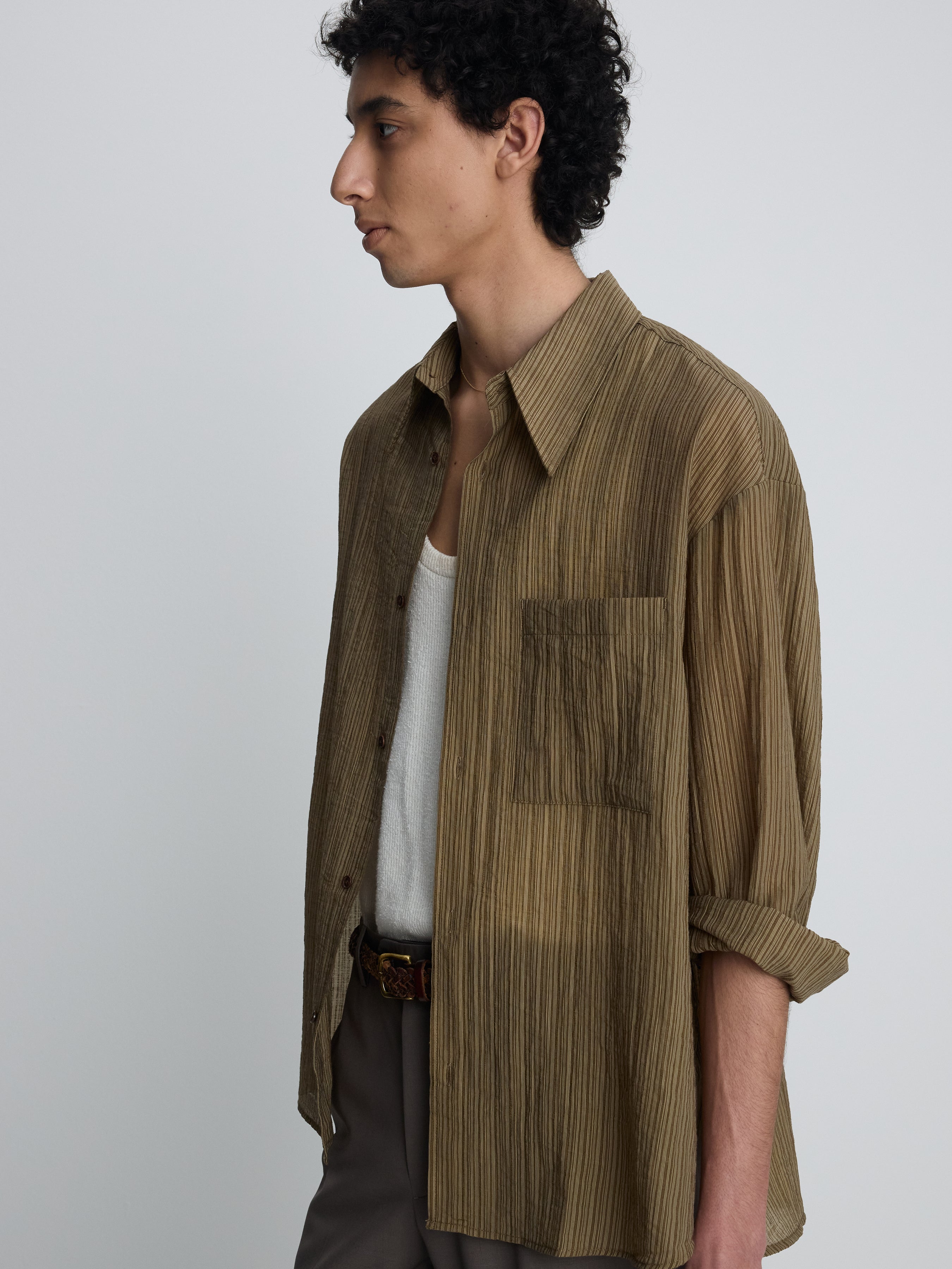 LYOCELL OVERSIZED STRIPE SHIRT_ OLIVE STRIPE