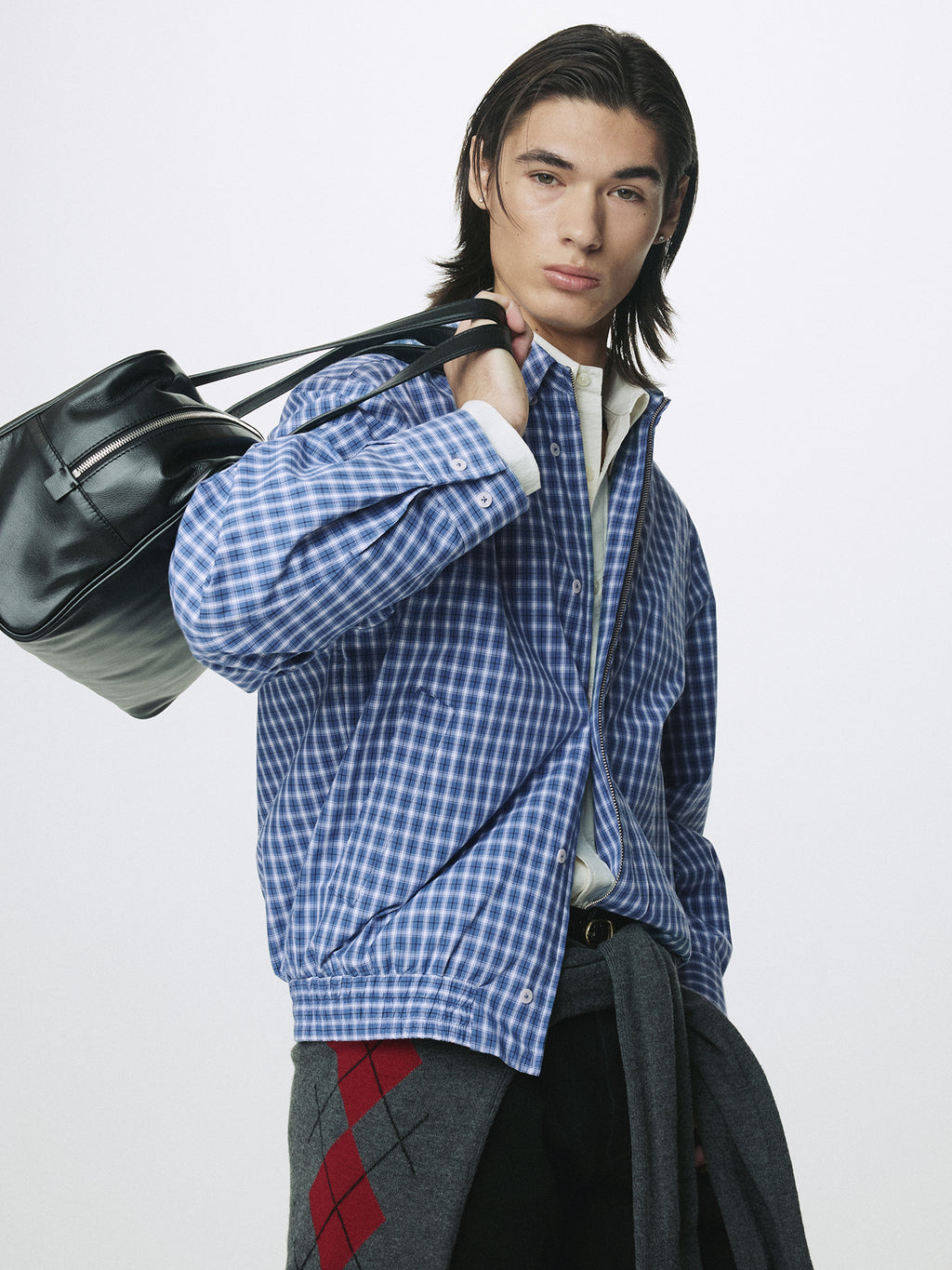 CHECKED COTTON BUTTON-DOWN BLOUSON_ BLUE