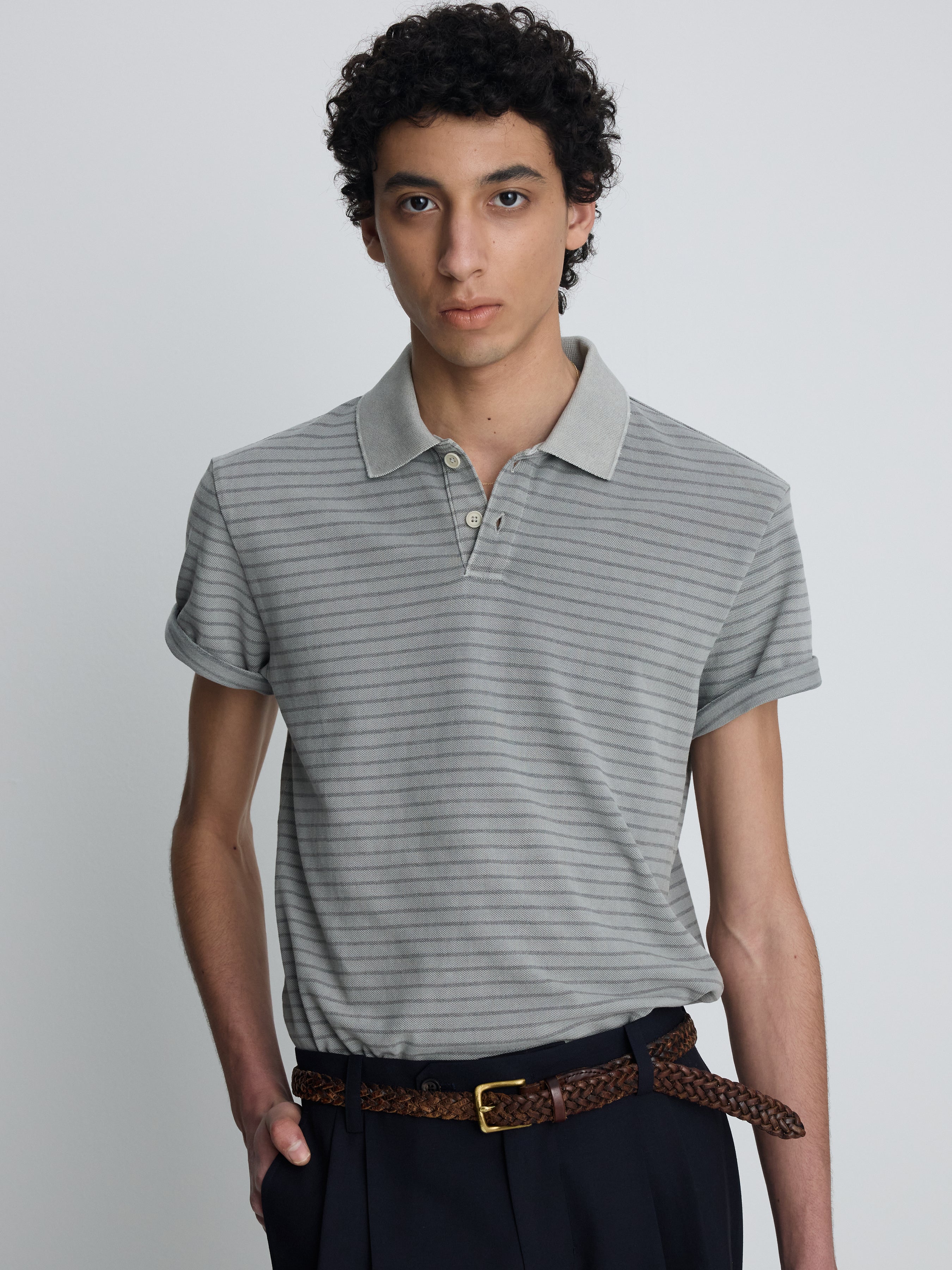 GARMENT DYED STRIPE PIQUÉ POLO_ FADED GREY