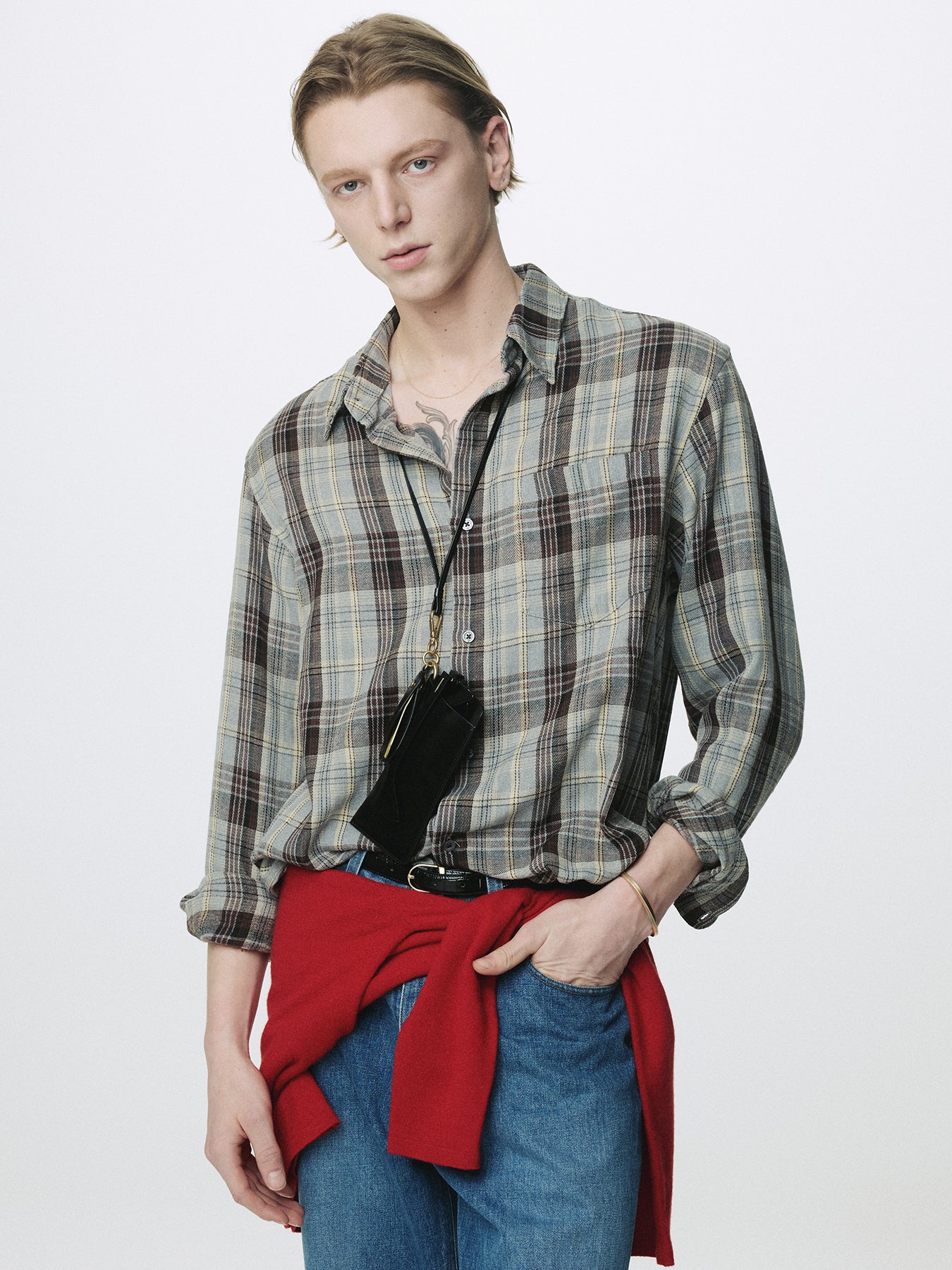 WASHED COTTON BLEND CHECK SHIRT_ GREY/BROWN