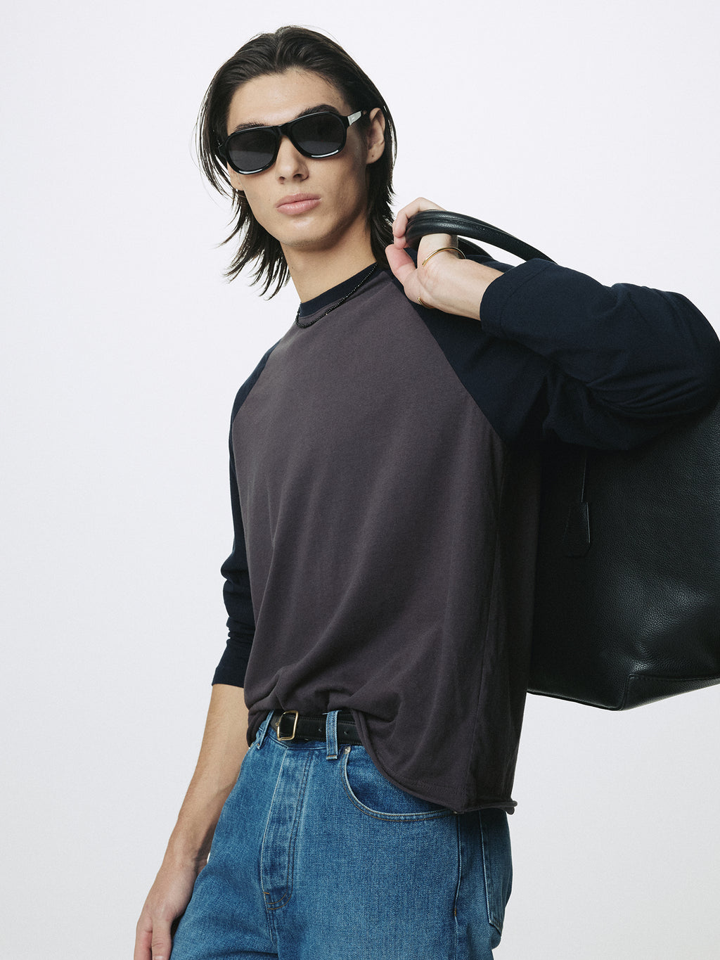 WASHED COTTON BASEBALL LONG SLEEVE_ CARBON/NAVY