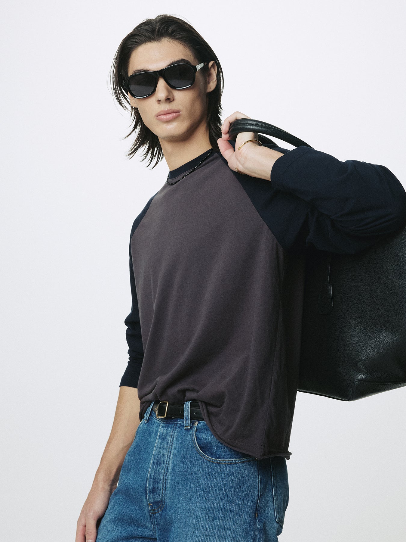 WASHED COTTON BASEBALL LONG SLEEVE_ CARBON/NAVY