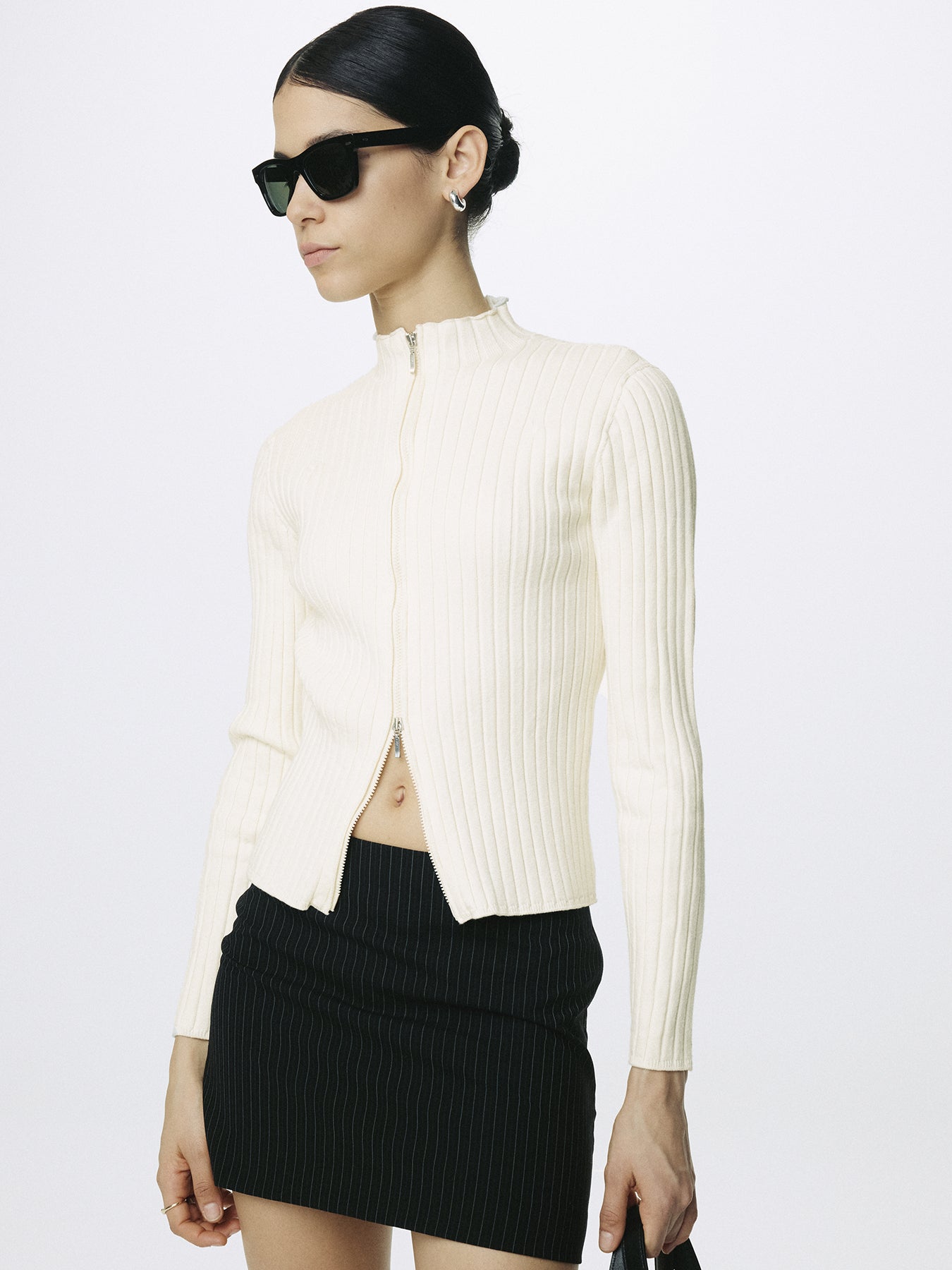 (W) COTTON RIBBED FULL ZIP-UP_ CREAM