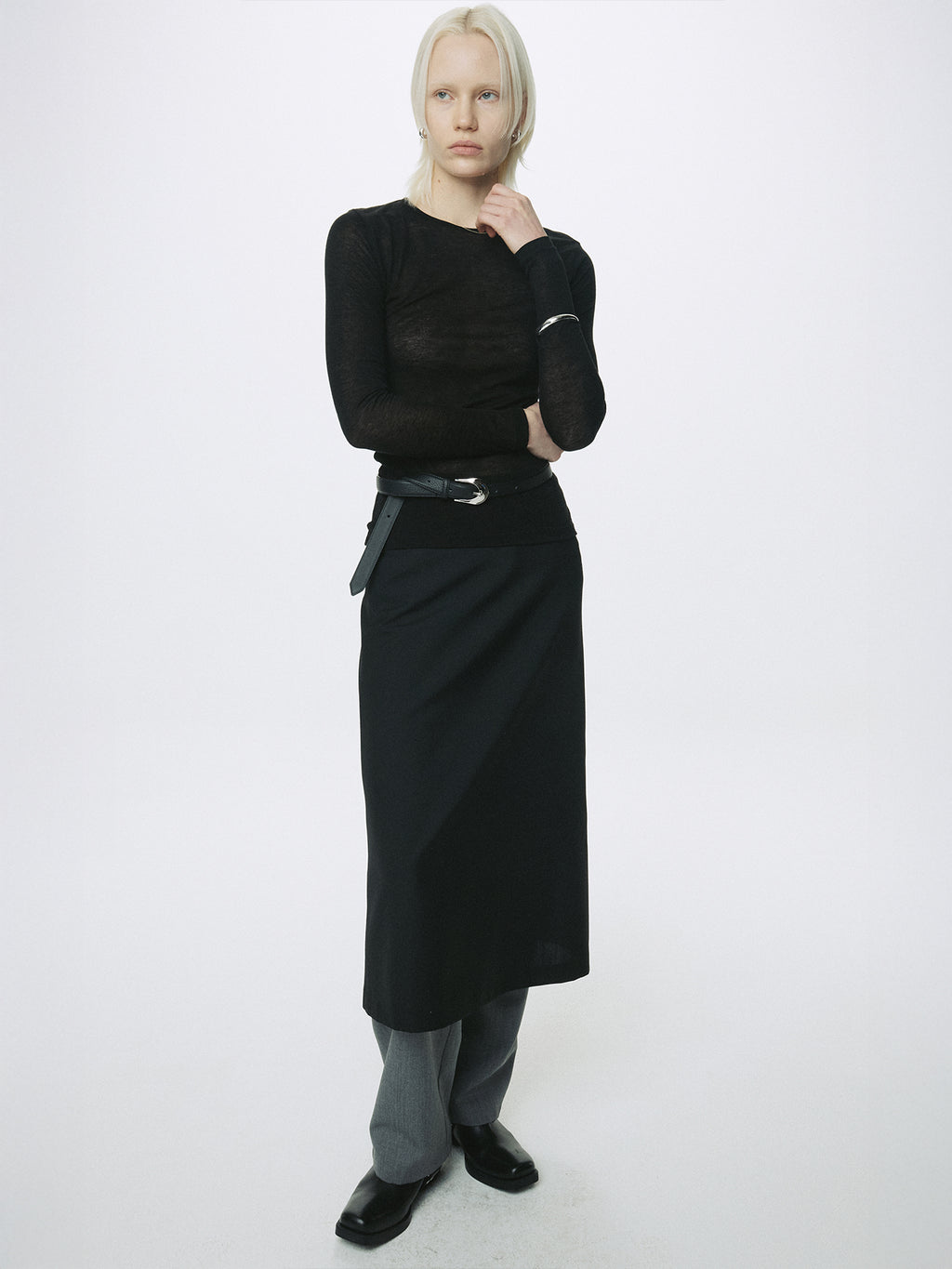 (W) WOOL MIDI SKIRT_ BLACK