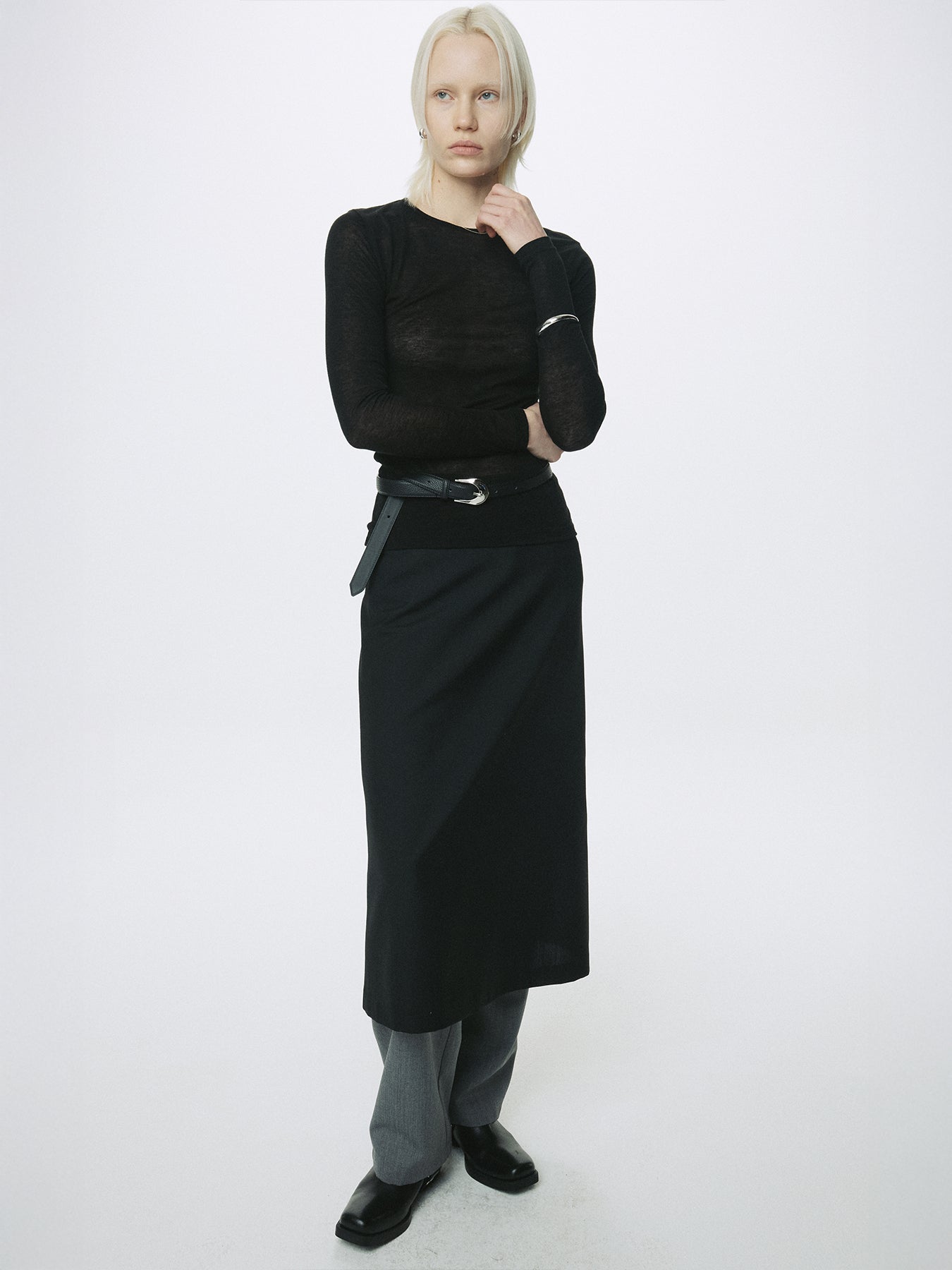 (W) WOOL MIDI SKIRT_ BLACK