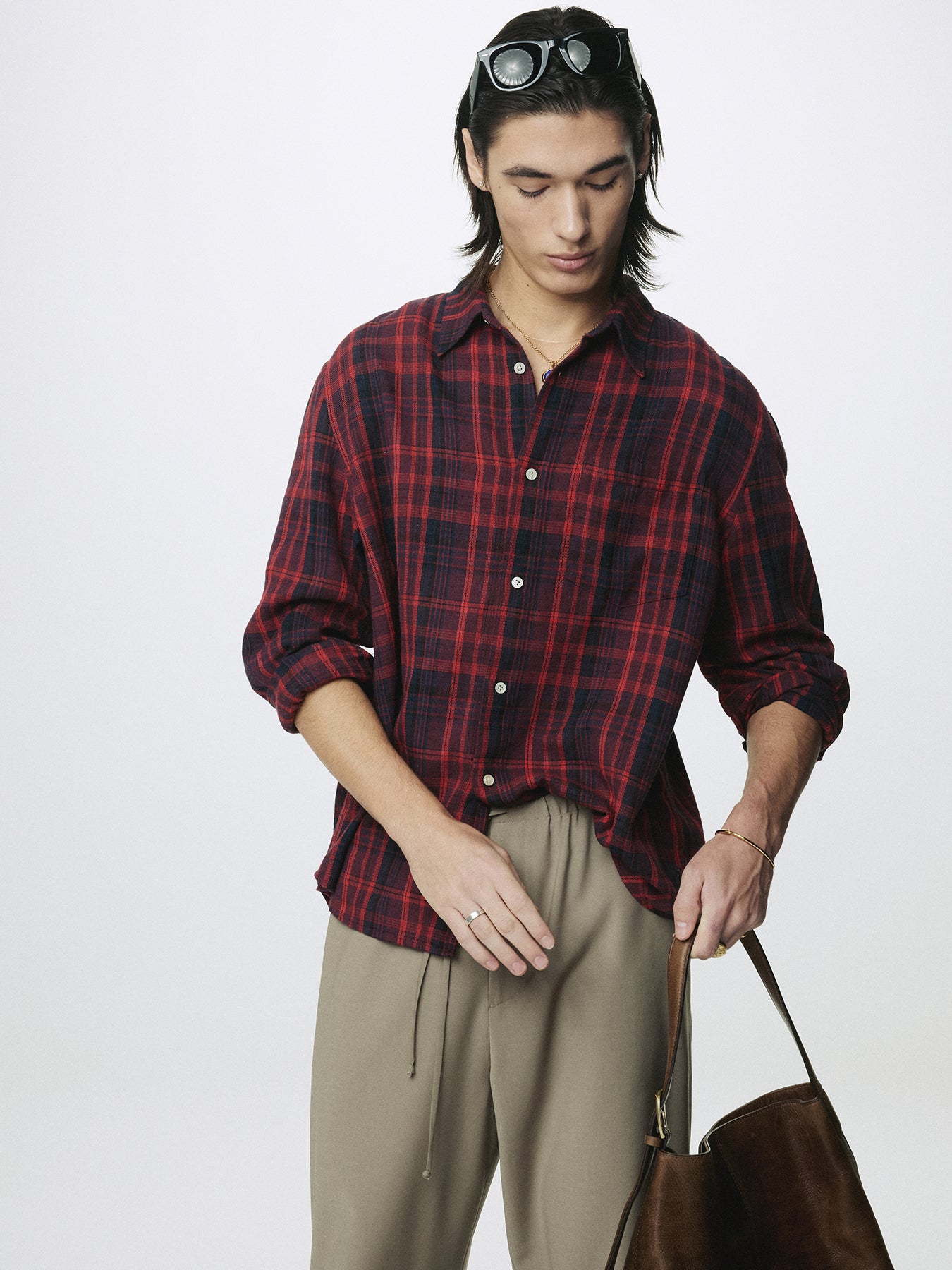 WASHED COTTON BLEND CHECK SHIRT_ RED/BLUE