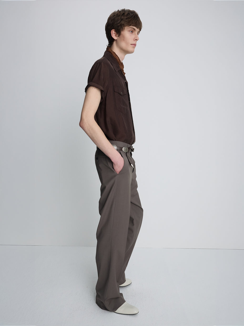 WASHED RAYON PEARL SNAP SHIRT_ BROWN