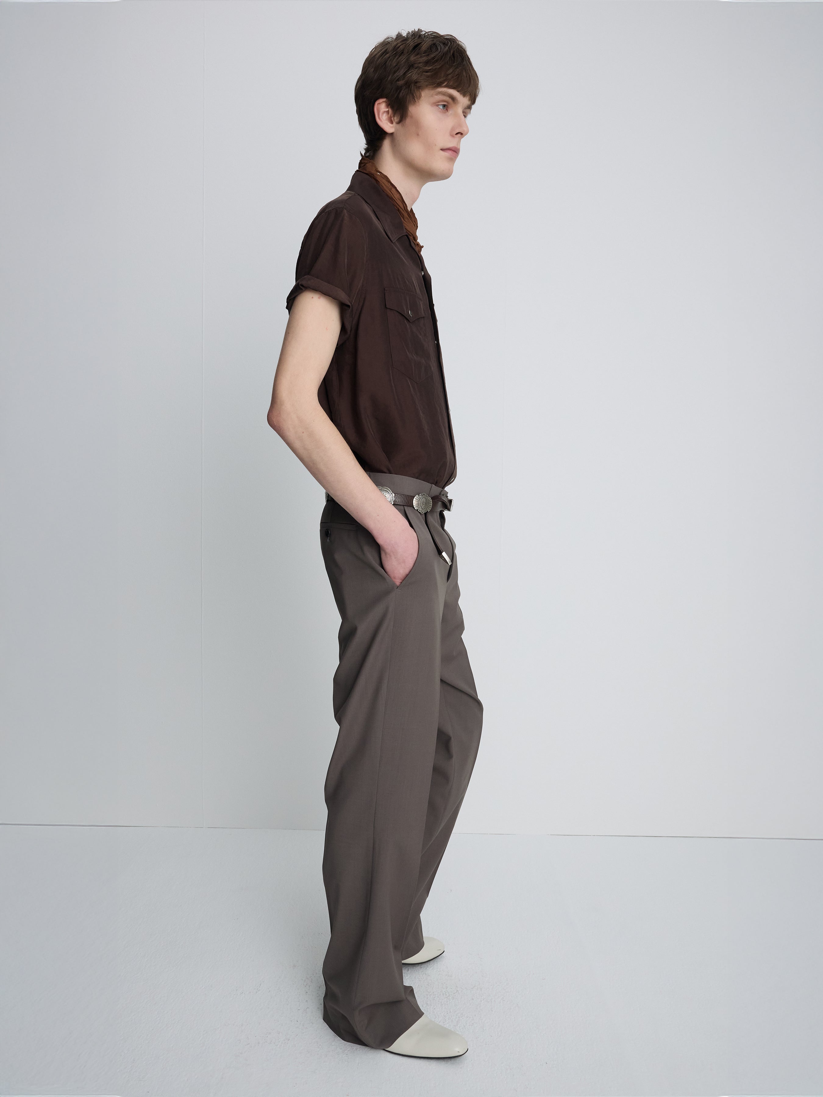 WASHED RAYON PEARL SNAP SHIRT_ BROWN