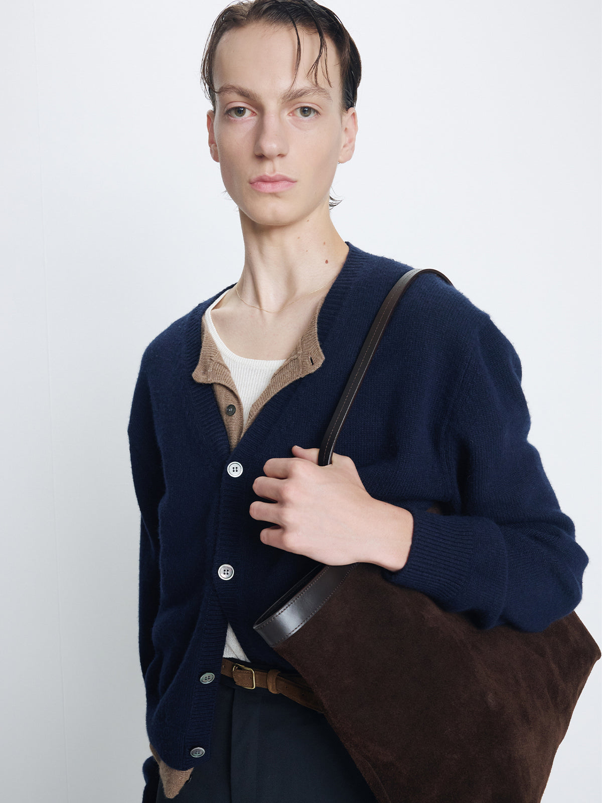 WOOL AND CASHMERE LAYERED CARDIGAN_ NAVY/TAUPE