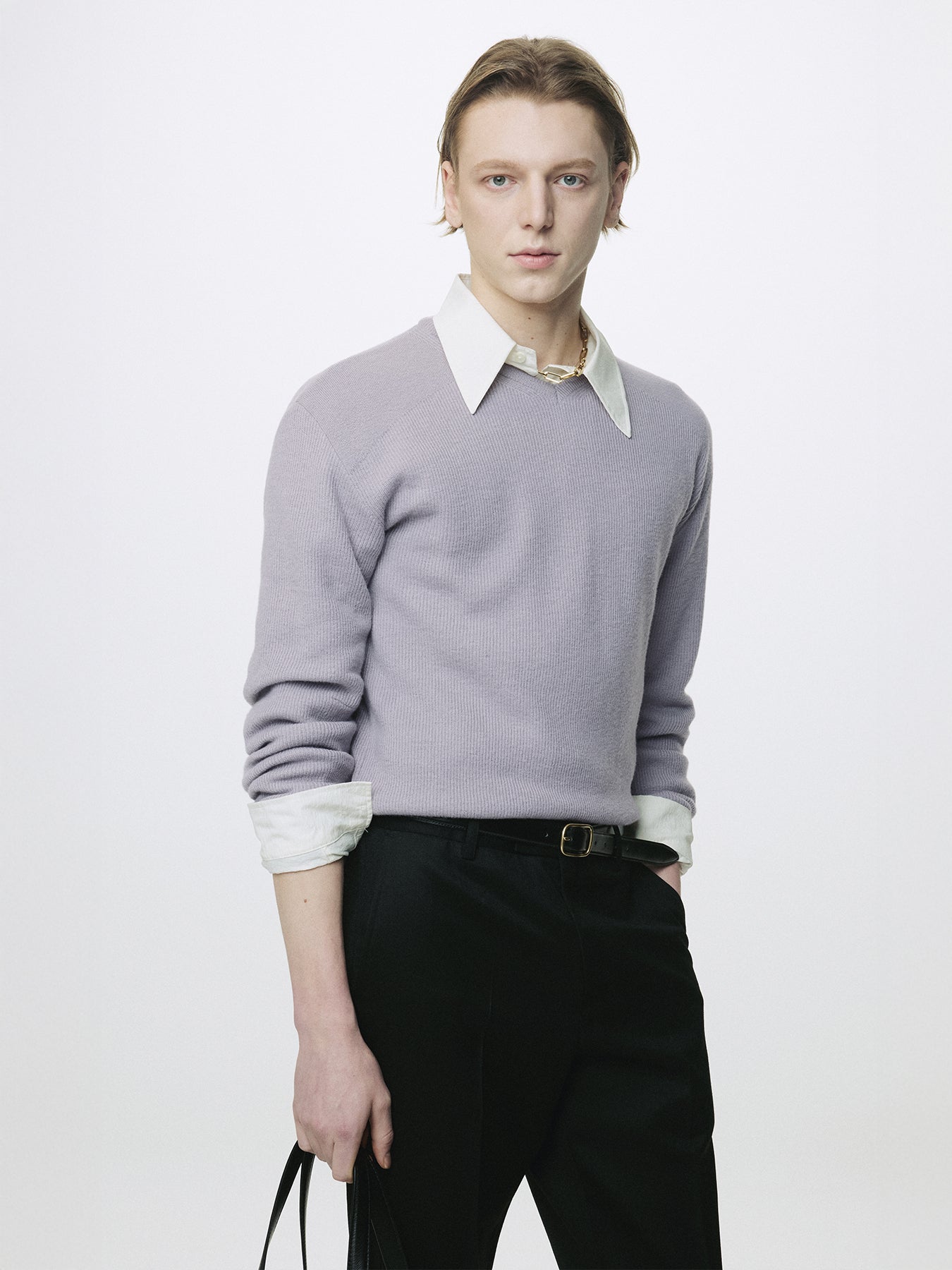 SUPER FINE WOOL COMMANDO V-NECK KNIT_ SLATE GREY