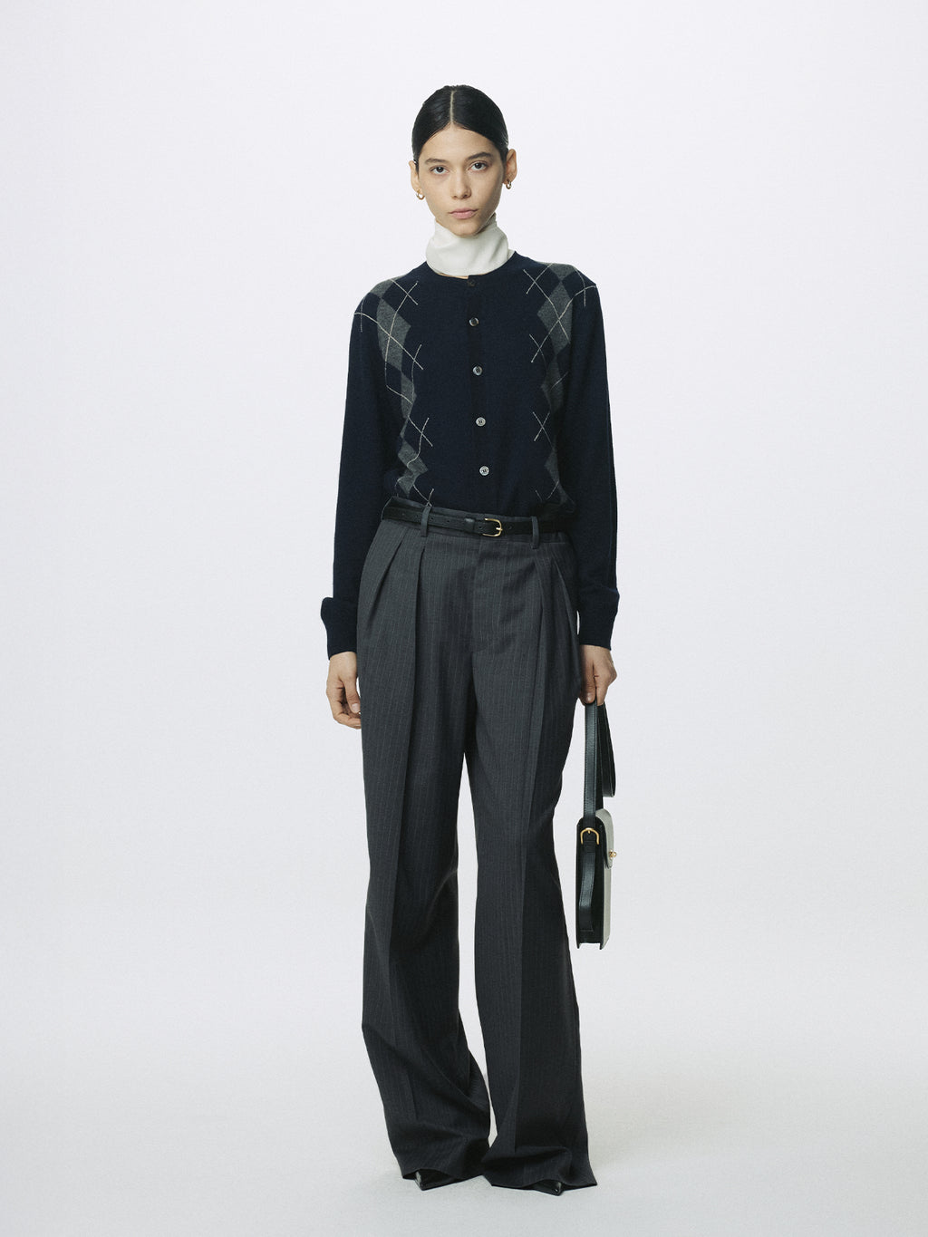 (W) STRIPED WOOL DOUBLE-PLEATED WIDE TROUSERS_ GREY STRIPE
