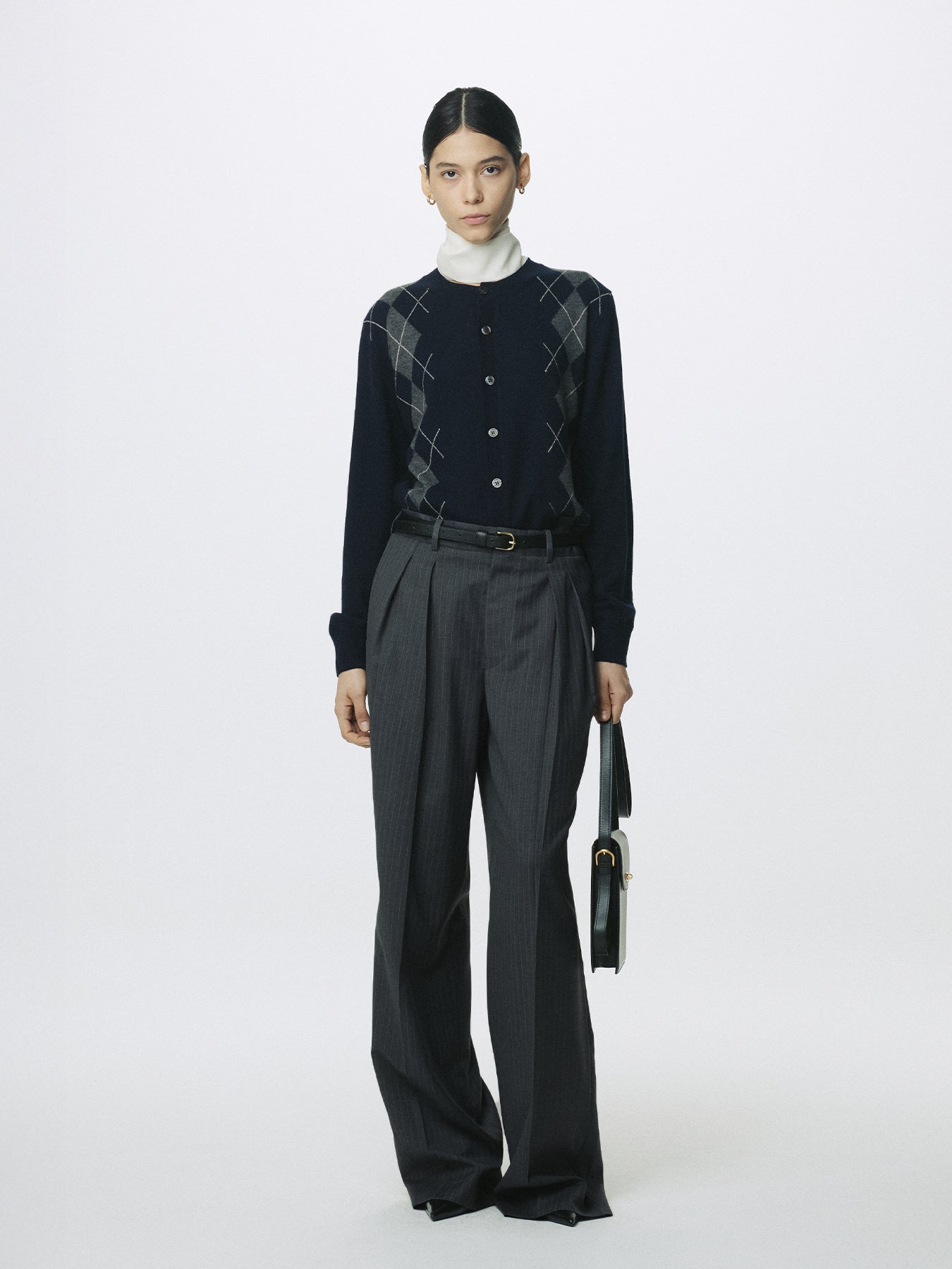 (W) STRIPED WOOL DOUBLE-PLEATED WIDE TROUSERS_ GREY STRIPE
