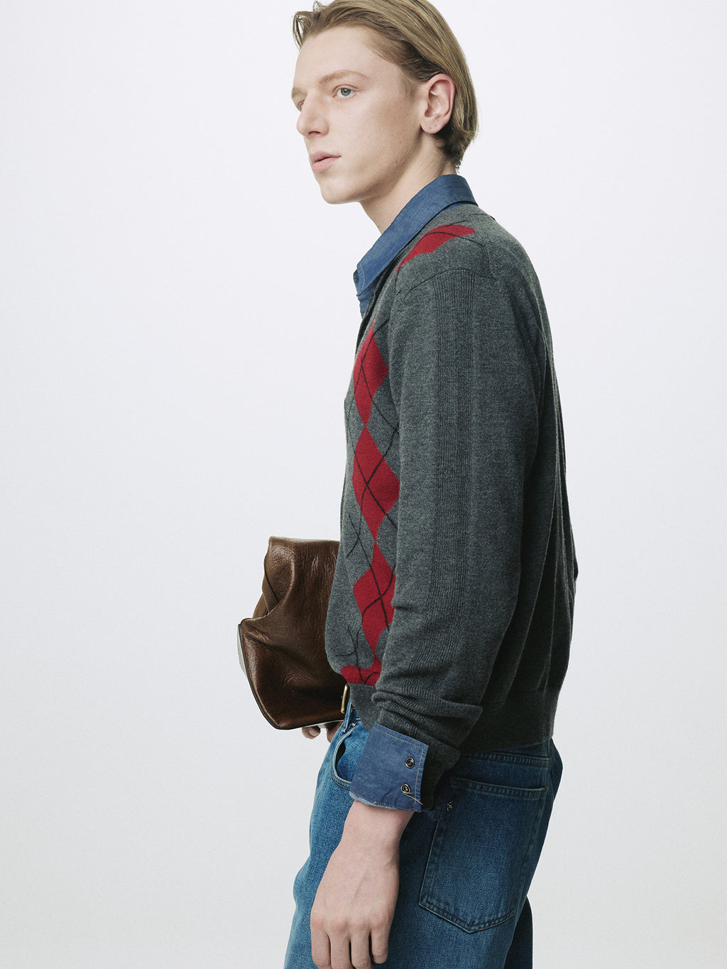 MERINO WOOL ARGYLE CARDIGAN_ GREY/RED