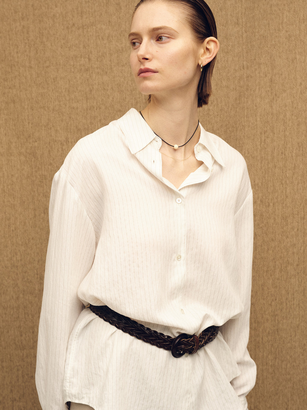 (W) AIRY STRIPED OVER SHIRT_ IVORY
